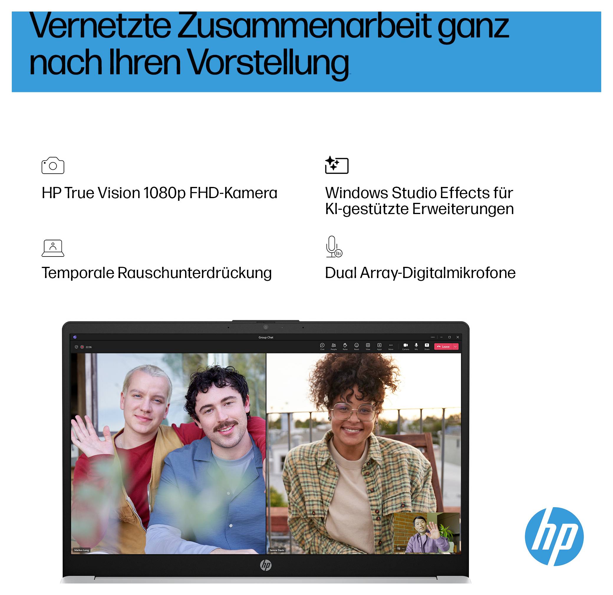 Ein Laptop mit Videoanruf: zwei Personen winken, eine lächelt. Funktionen aufgelistet: 1080p FHD-Kamera, Rauschunterdrückung, KI-Verbesserungen, Dual-Mikrofone.