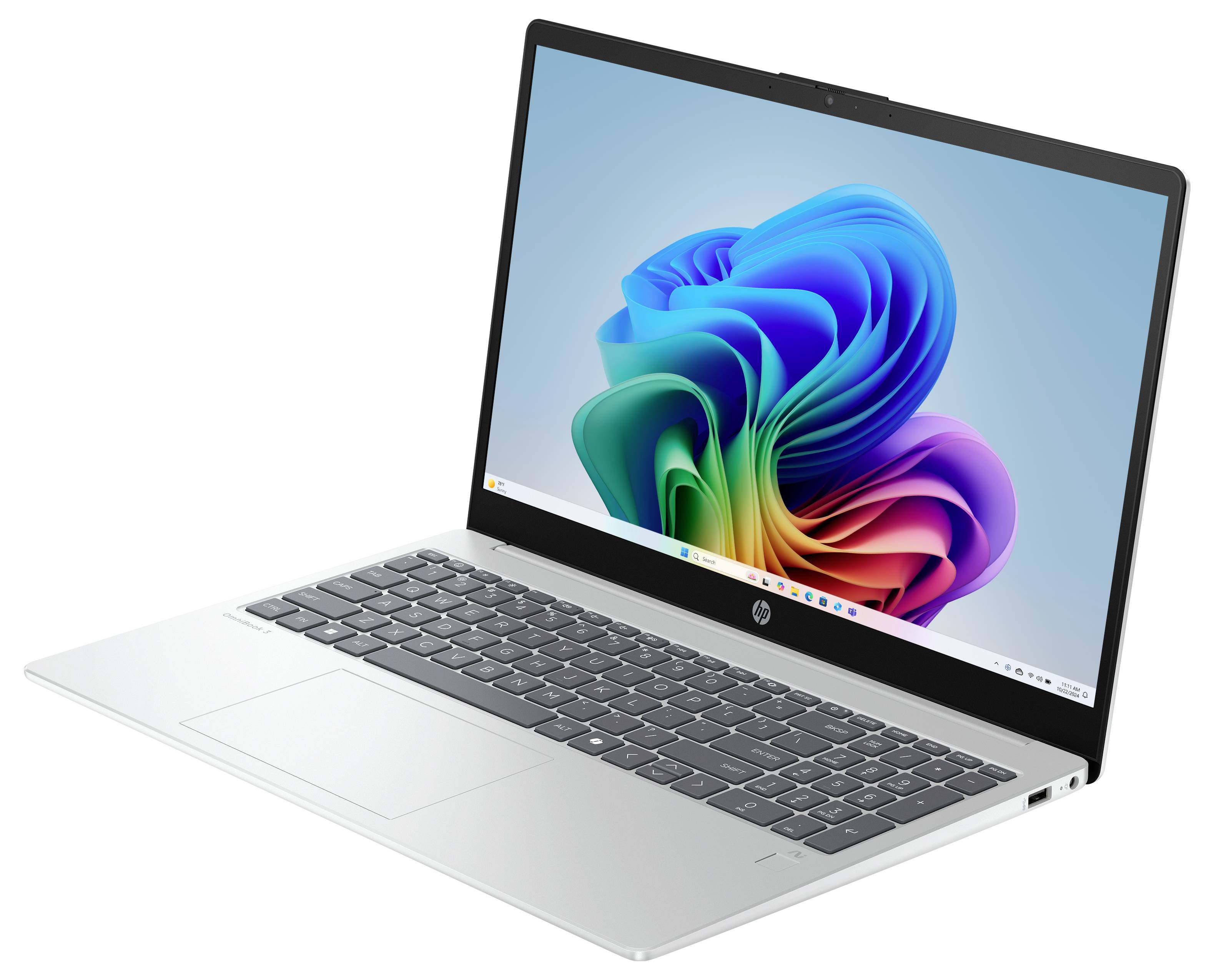 Ein silberner Laptop, der ein buntes Wirkmuster auf dem Bildschirm zeigt, was darauf hindeutet, dass er eingeschaltet ist. Die Tastatur und das Trackpad sind sichtbar.