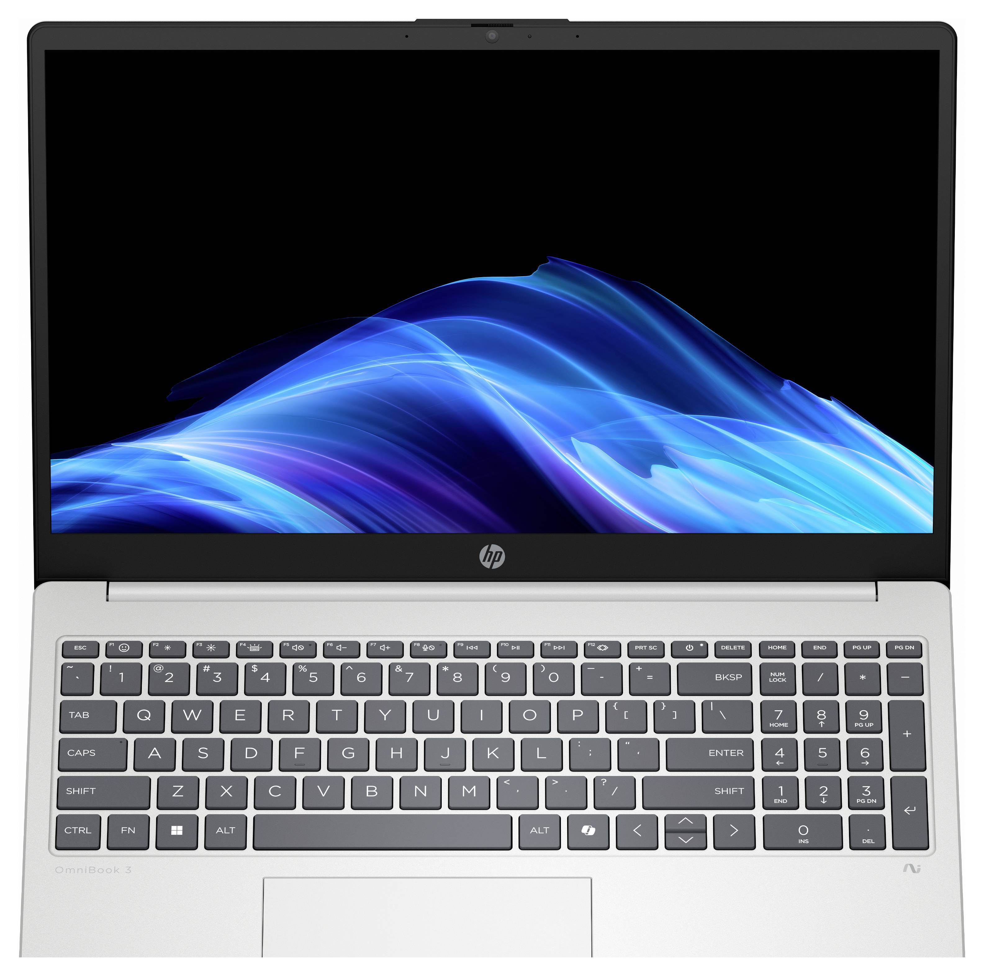 Offener silberner Laptop, der eine leuchtend blaue Welle auf dem Bildschirm zeigt, vor einem schwarzen Hintergrund.