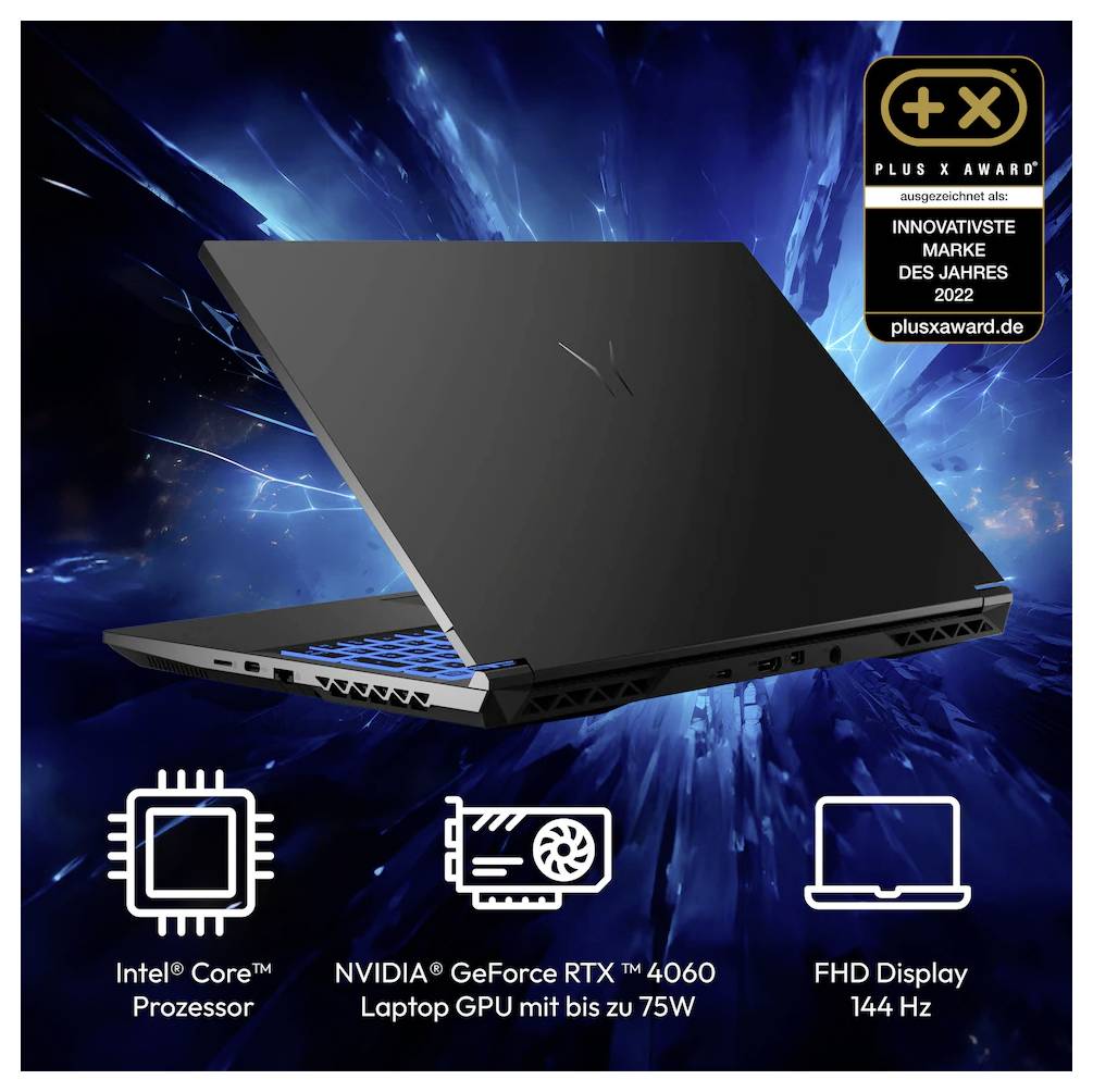 Ein schlanker, offener Laptop mit einer leuchtend blauen Tastatur, umgeben von Icons und Text, die 