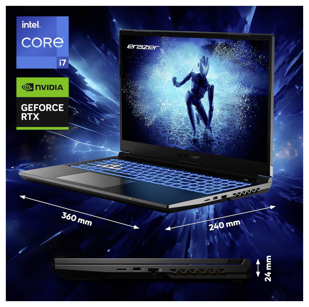Ein Gaming-Laptop mit Intel Core i7 und NVIDIA GeForce RTX Logos. Der Bildschirm zeigt eine Cyber-Themen-Figur. Abmessungen: 360 x 240 x 24 mm.