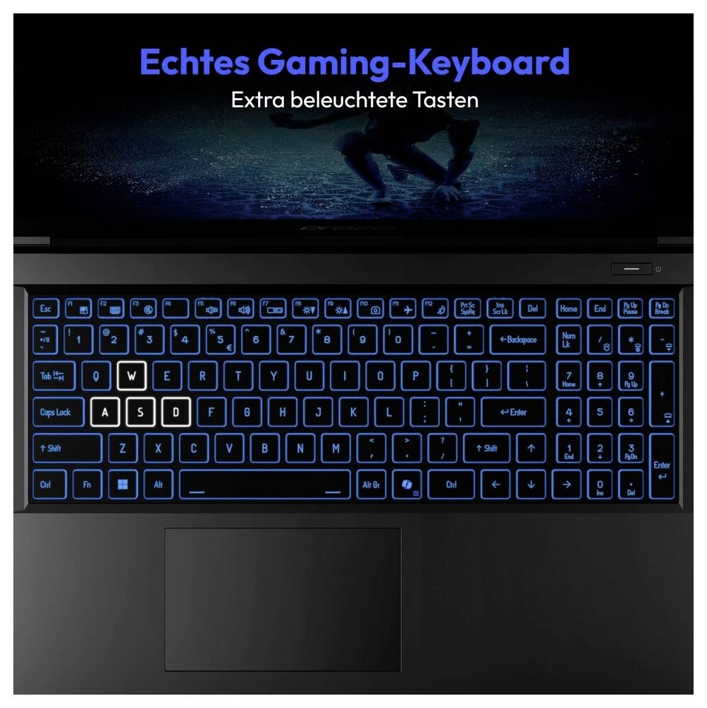 Eine Laptop-Tastatur mit blauer Hintergrundbeleuchtung hebt bestimmte Tasten 'W', 'A', 'S', 'D' hervor. Text darüber liest sich: 'Echtes Gaming-Keyboard Extra beleuchtete Tasten'.