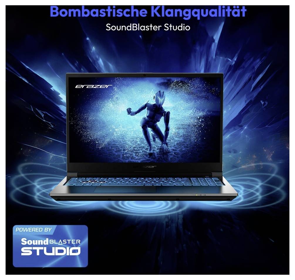 Ein Laptop mit einer digitalen Science-Fiction-Grafik auf dem Bildschirm, umgeben von blauen Lichteffekten. Text liest sich: 'Bombastische Klangqualität' und 'SoundBlaster Studio'.