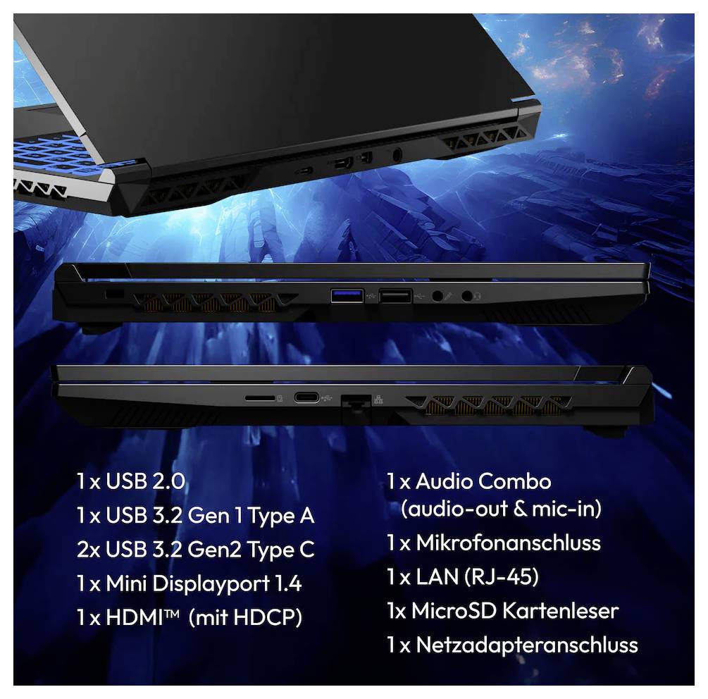 Ein Laptop verfügt über folgende Anschlüsse: 1 USB 2.0, 2 USB 3.2 Gen 1 Typ A, 1 USB 3.2 Typ C, 1 Mini DisplayPort 1.4, 1 HDMI, 1 Audio-Kombi-Anschluss, LAN, MicroSD.