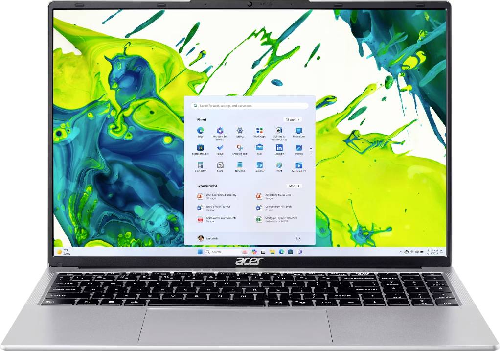 Ein Laptop mit geöffnetem Bildschirm, der das Windows 10 Startmenü zeigt. Heller grün-blauer abstrakter Hintergrund. Acer-Logo auf dem Gerät.