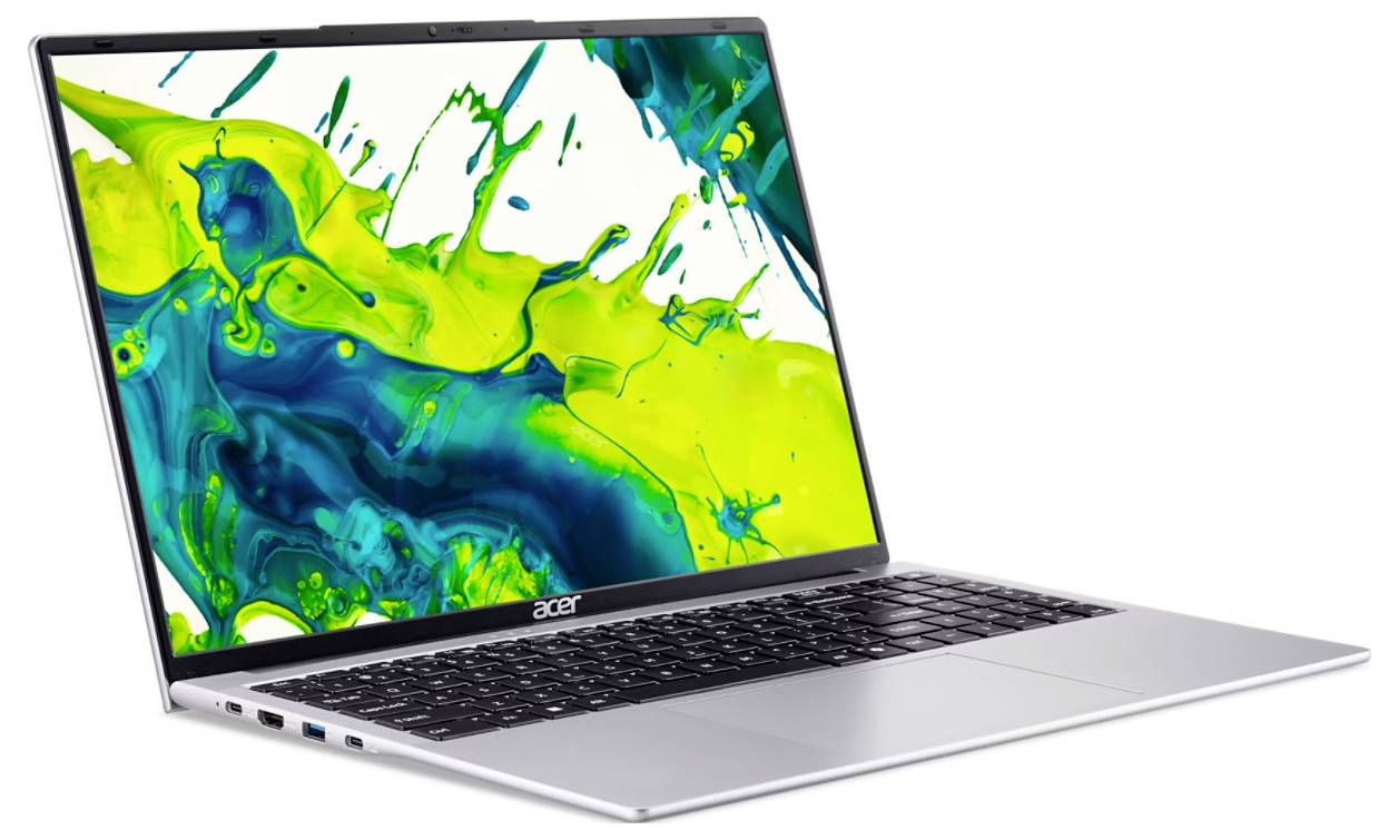 Ein schlankes, modernes Laptop mit einem farbenfrohen abstrakten Design, das auf dem Bildschirm zu sehen ist und Grün- und Blautöne aufweist.