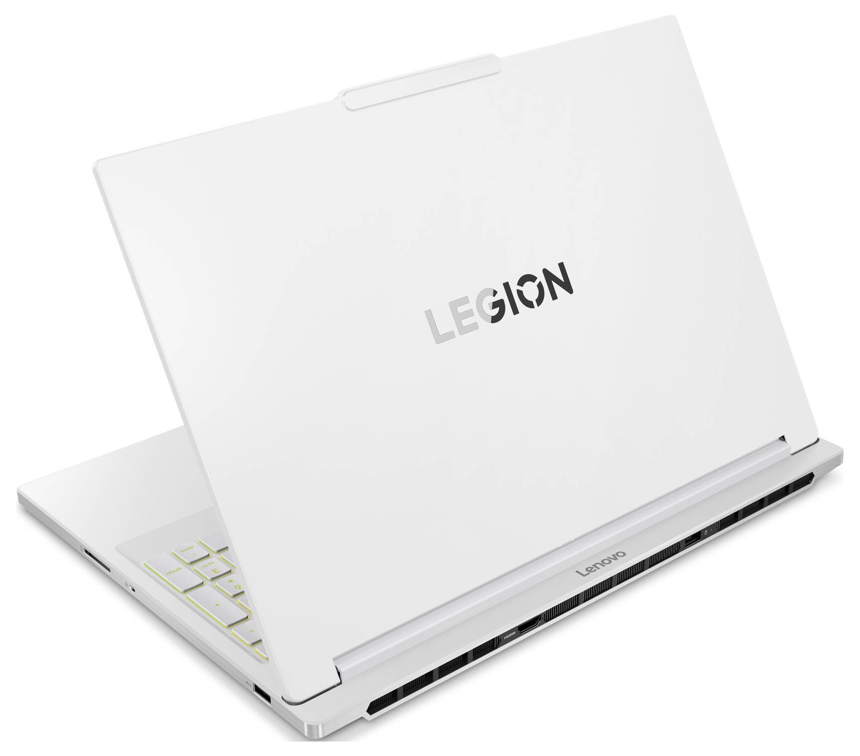 Ein weißer Laptop mit dem 'LEGION' Logo auf der Rückseite des Deckels, teilweise geöffnet, wobei Anzeichen einer weißen Tastatur und Belüftungsöffnungen am hinteren Rand zu sehen sind.