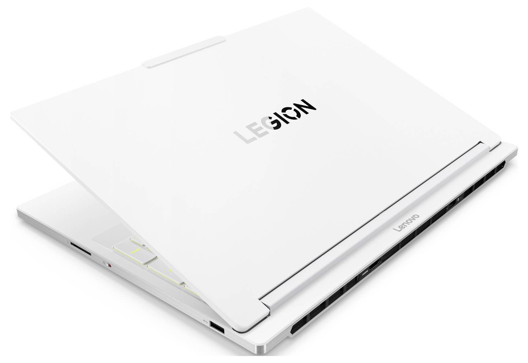 Ein weißer Laptop, der teilweise geöffnet ist und das 'LEGION' Logo auf dem Deckel zeigt. Das Design ist schlank und modern, mit sichtbaren Anschlüssen an der Seite.