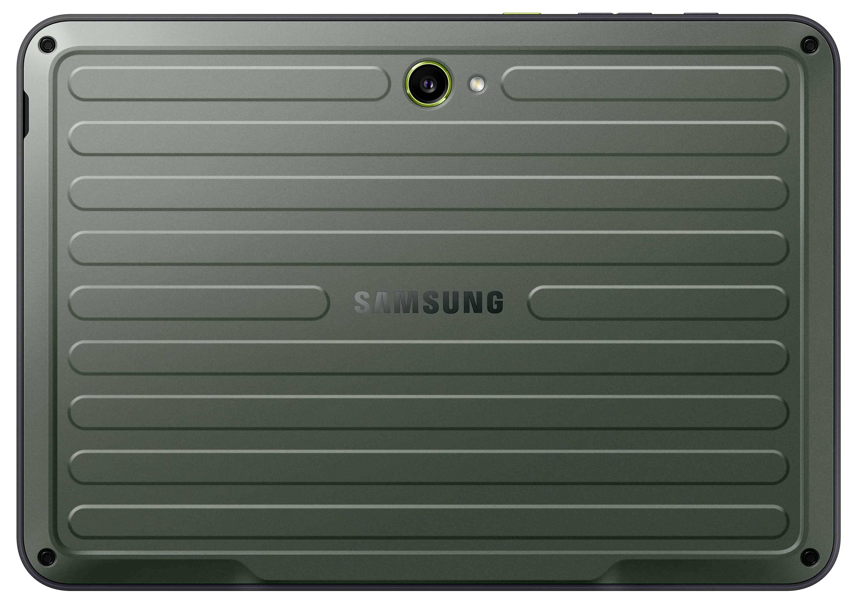 Das Bild zeigt die Rückansicht eines Samsung-Tablets mit einem robusten grünen Gehäuse, das horizontale Rillen und eine mittig platzierte Kameralinse aufweist.