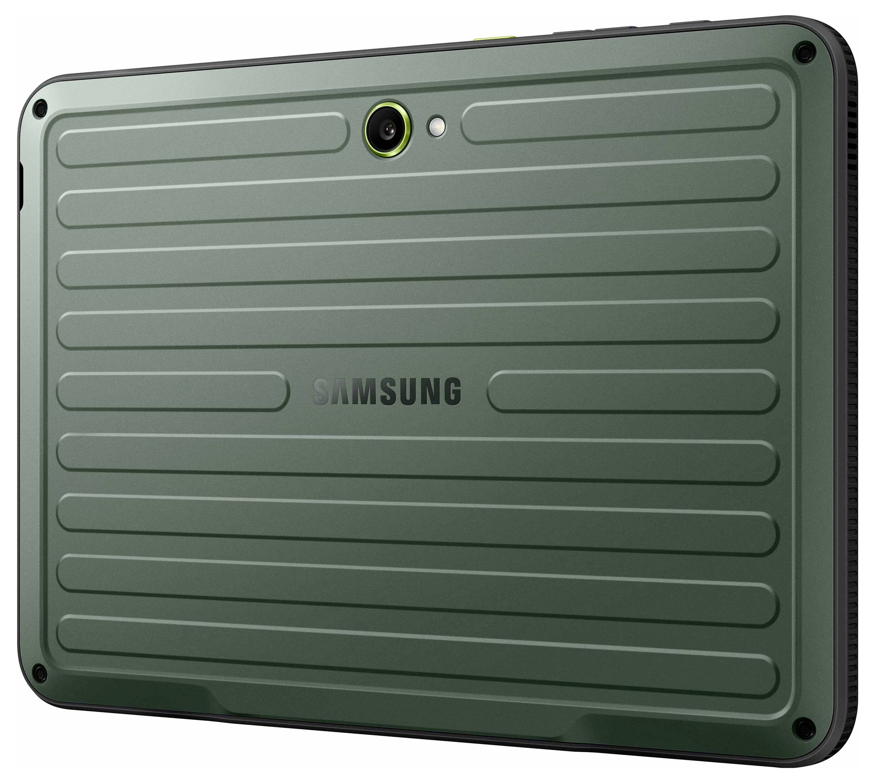 Samsung-Tablet mit einer robusten, gerippten grünen Rückseite, mit einer Kamera und einem Blitz.