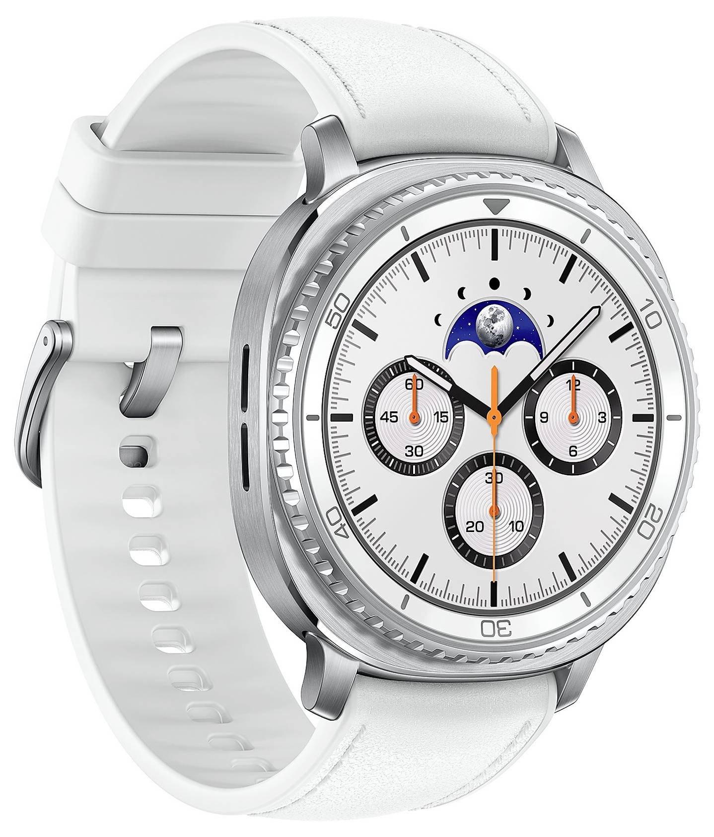 Eine weiße und silberne Smartwatch, die ein analoges Zifferblatt mit vier Unterwahlziffern, Mondphasenindikator und Minutenmarkierungen anzeigt.