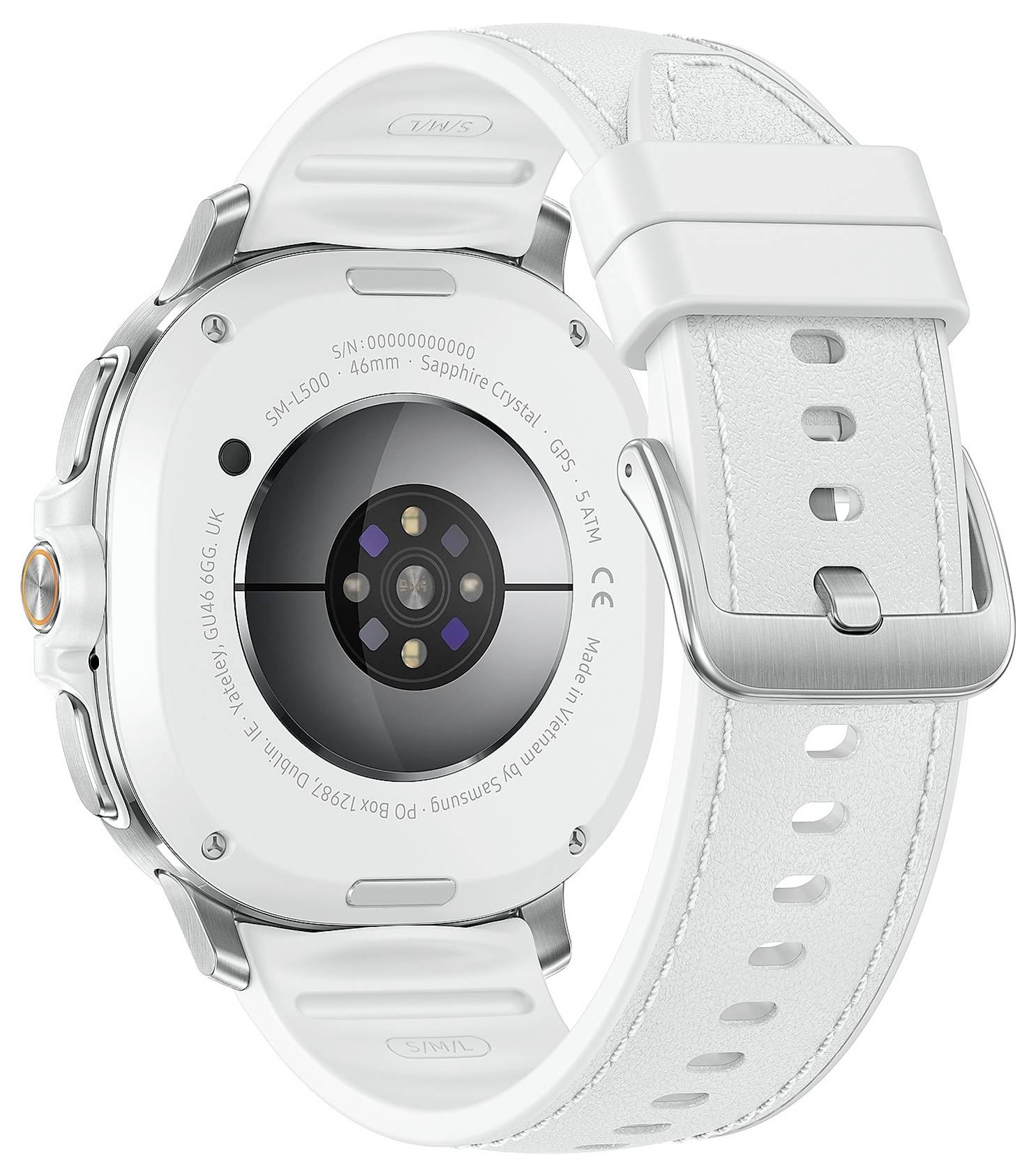 Rückansicht einer weißen Smartwatch mit silberner Schnalle, ausgestattet mit Herzfrequenzsensoren und einem kreisförmigen Design, die technische Modelldetails zeigt.