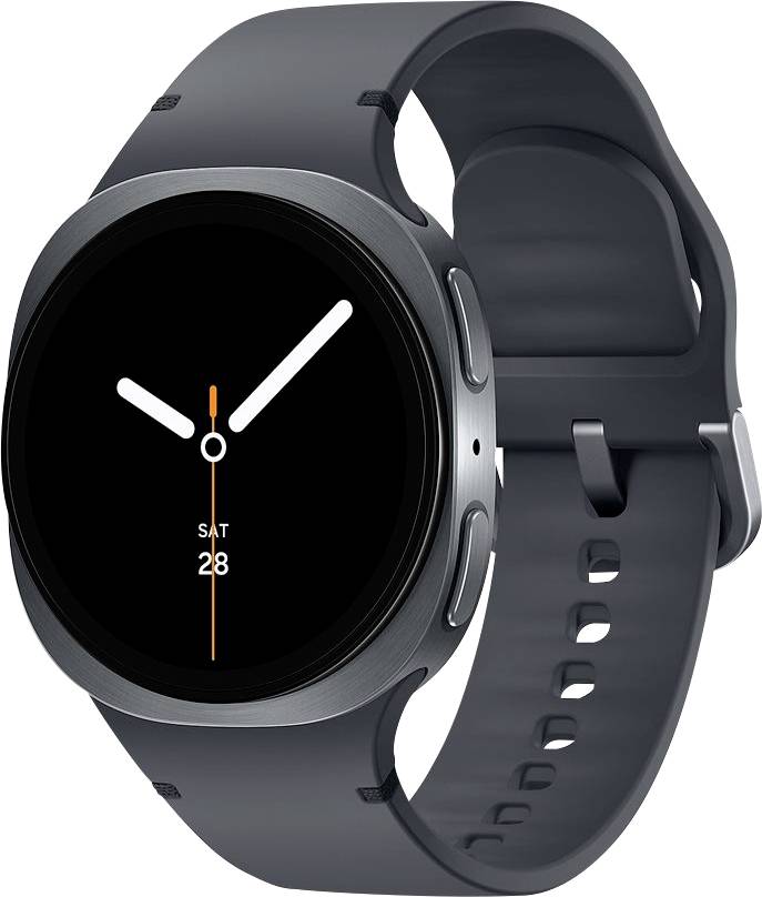 Eine schlanke, moderne schwarze Smartwatch mit einem analogen Zifferblatt, auf dem die Uhrzeit auf 10:10 Uhr eingestellt ist, das Datum als Samstag, der 28., angezeigt wird und mit einem Gummiarmband ausgestattet.
