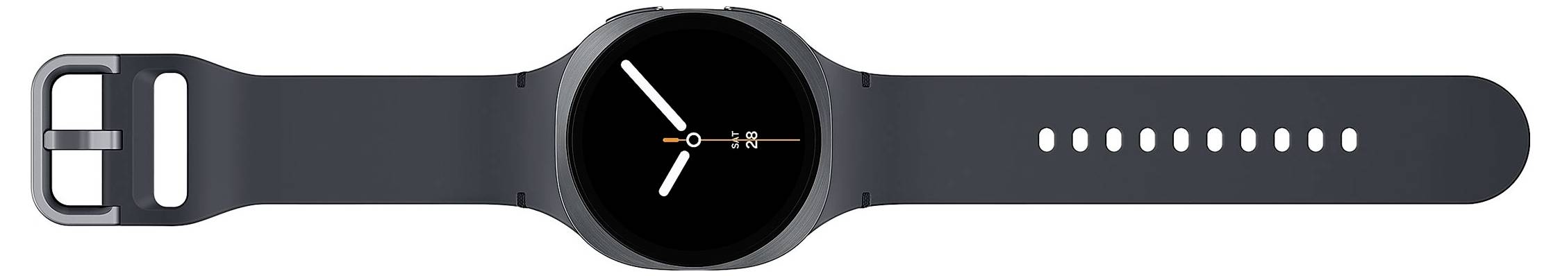 Eine schlanke schwarze Smartwatch mit rundem Zifferblatt, auf dem vereinfachte Uhrzeiger zu sehen sind. Das Armband liegt flach und zeigt mehrere Einstellungslöcher.