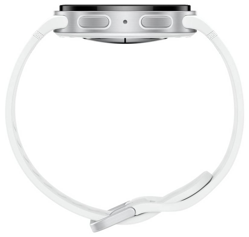 Eine weiße Smartwatch mit rundem Zifferblatt, von der Seite betrachtet, mit zwei Tasten auf der rechten Seite und einem schlanken, minimalistischen Design.