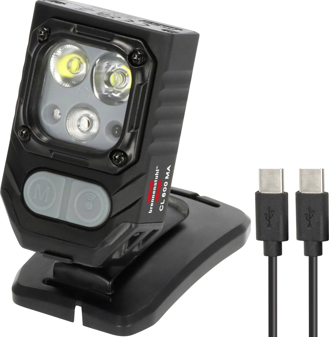 Schwarzbare, wiederaufladbare LED-Arbeitsleuchte mit Clip und Ständer, gezeigt mit zwei USB-C-Ladekabeln