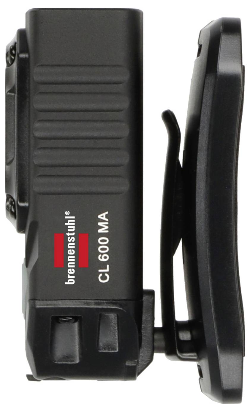 Eine schwarze Klemmleuchte mit Seitenklemmvorrichtung, mit der Aufschrift 'brennenstuhl CL600 MA', entwickelt für beleuchtungsfreie Handbewegungen.
