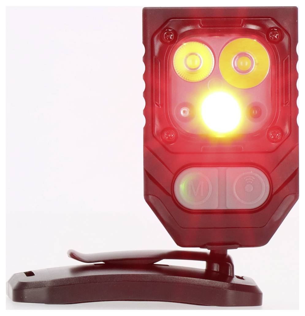 Eine rote LED-Leuchte auf einem kleinen, klemmbar montierten Gerät mit zwei gelben Leuchten und Tasten darunter, das zur Sichtbarkeit oder Signalgebung verwendet wird.