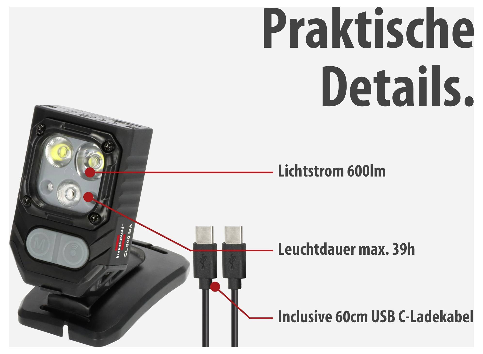 Werbeabbildung einer wiederaufladbaren Arbeitsleuchte mit Ladestation; nennt 'Lichtstrom 600lm', 'Leuchtdauer max. 39h' und 'Inclusive 60cm USB C-Ladekabel'.