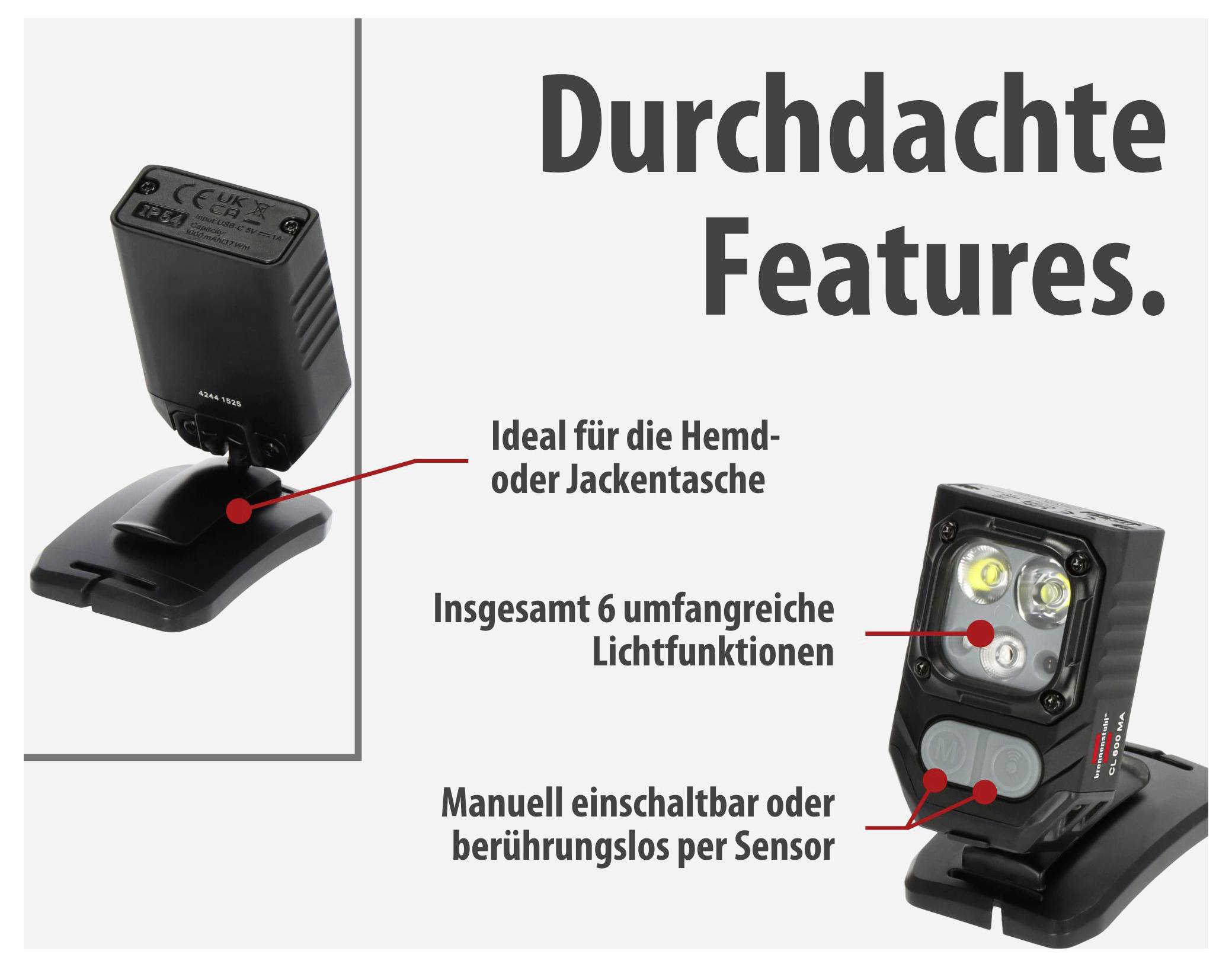 Werbegrafik mit zwei kompakten Lampen; betont durchdachte Funktionen: ideal für Hemd- oder Jackentasche, 6 Lichtfunktionen, manuell oder per Sensor schaltbar.
