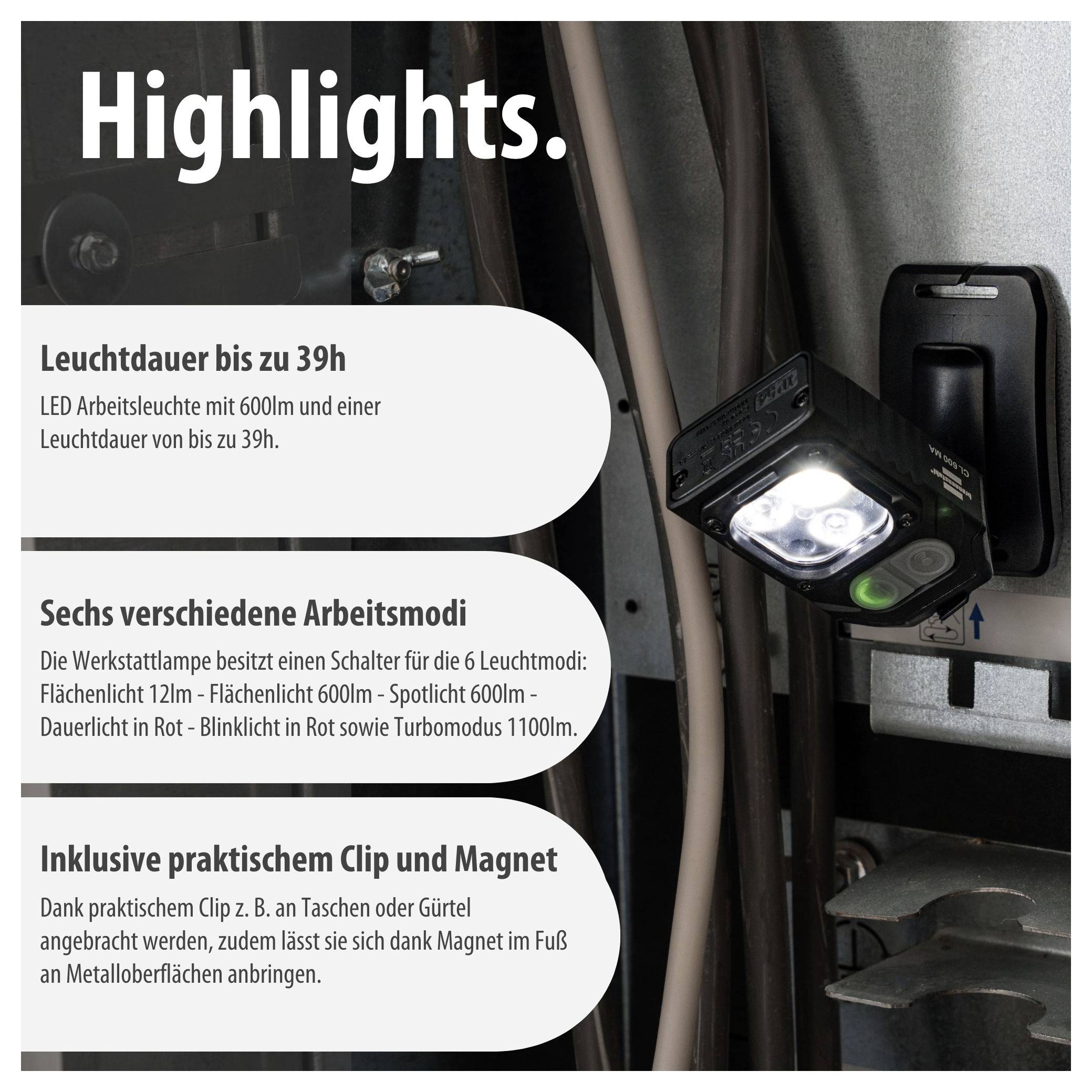Werbegrafik einer LED-Arbeitsleuchte mit Foto der Lampe am Fahrzeug und drei Highlights: Leuchtdauer bis zu 39h, 6 Arbeitsmodi, Clip und Magnet.
