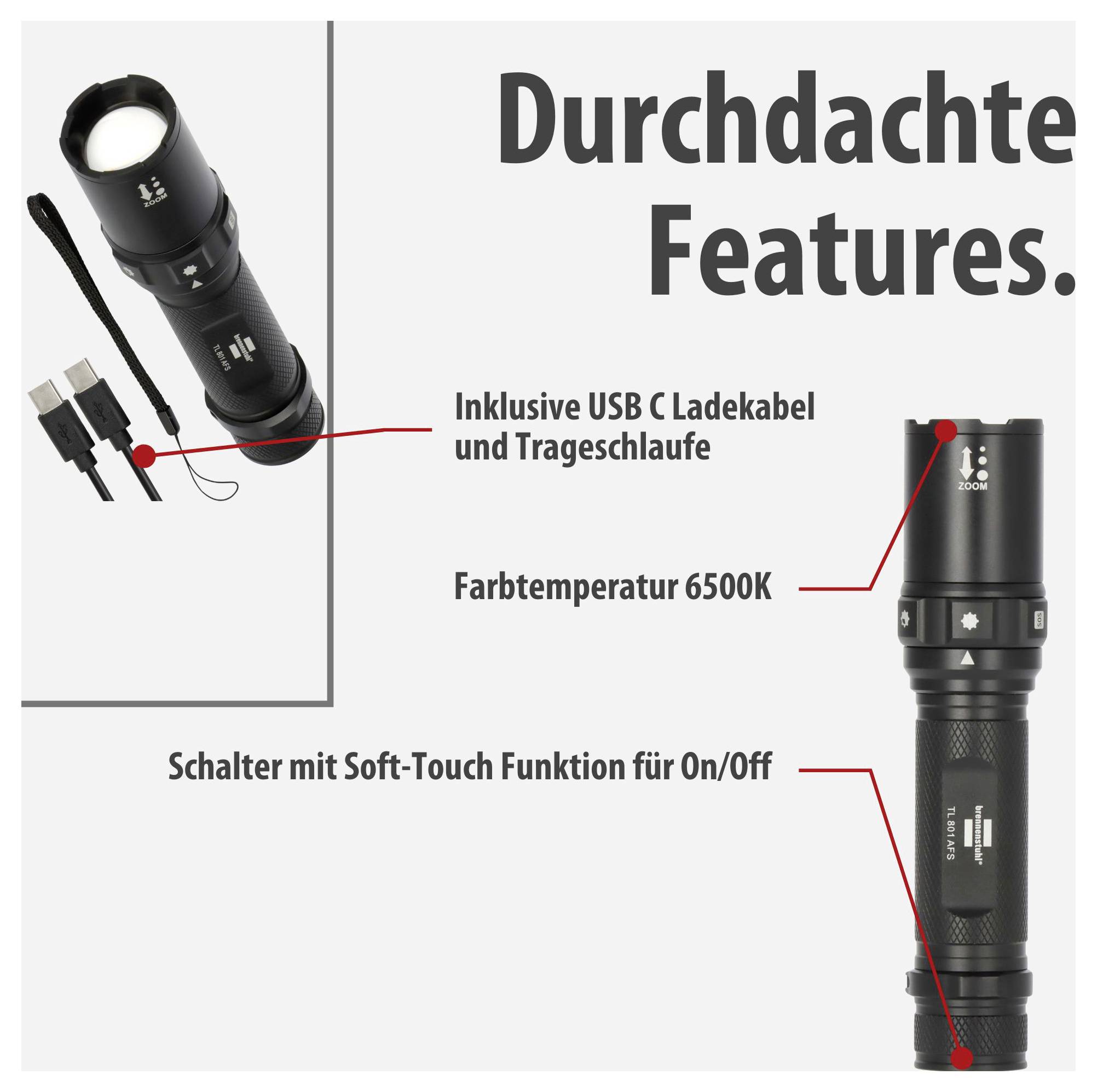 Werbegrafik einer Taschenlampe mit 'Durchdachte Features': inklusive USB-C-Ladekabel und Trageschlaufe, Farbtemperatur 6500K, Soft-Touch-Ein-/Aus-Schalter.