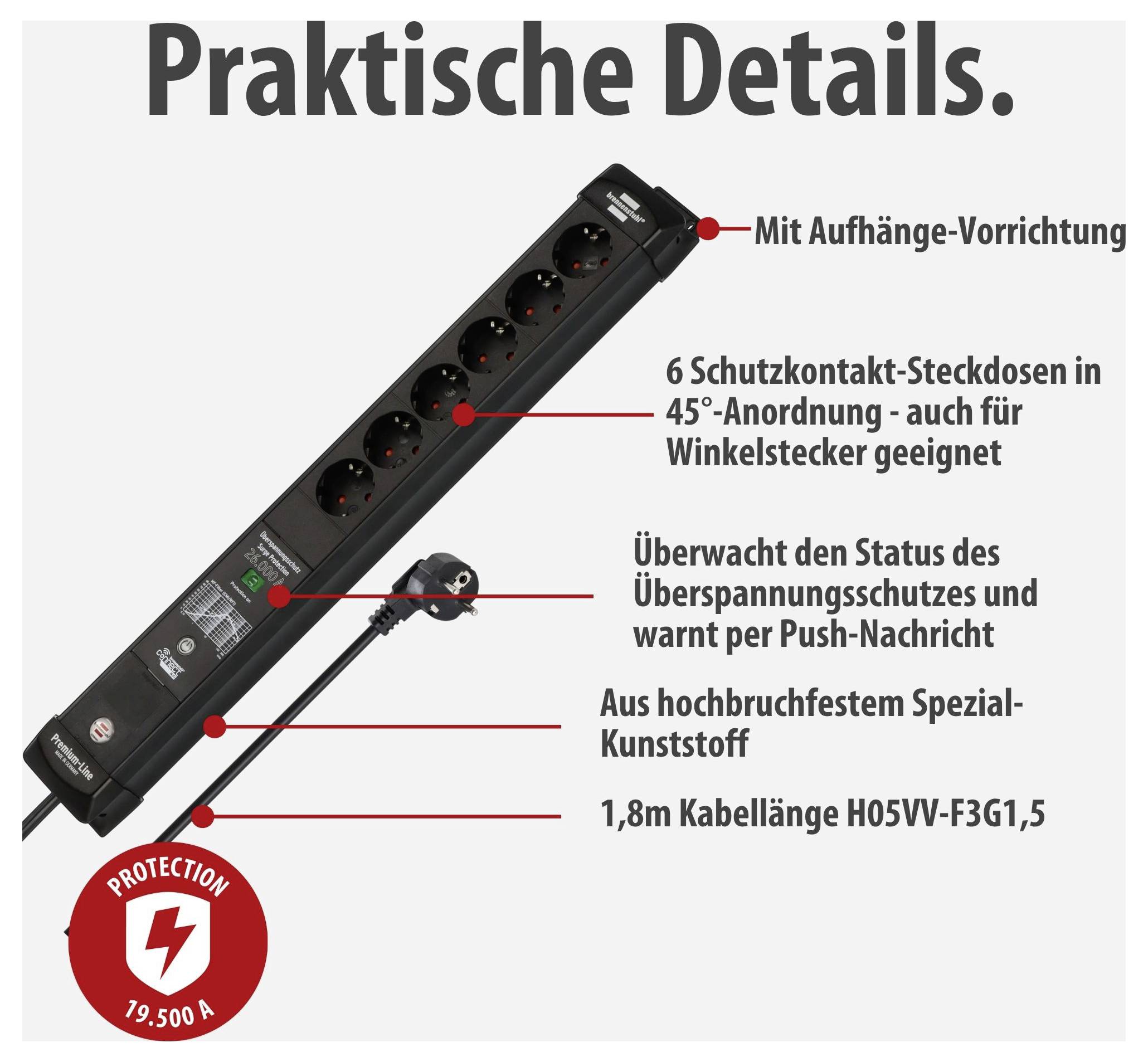 Illustration einer Steckdosenleiste mit Überspannungsschutz: 6 Schutzkontakt-Steckdosen in 45°-Anordnung, Aufhänge-Vorrichtung, Push-Nachricht-Statusanzeige, 1,8 m Kabel.