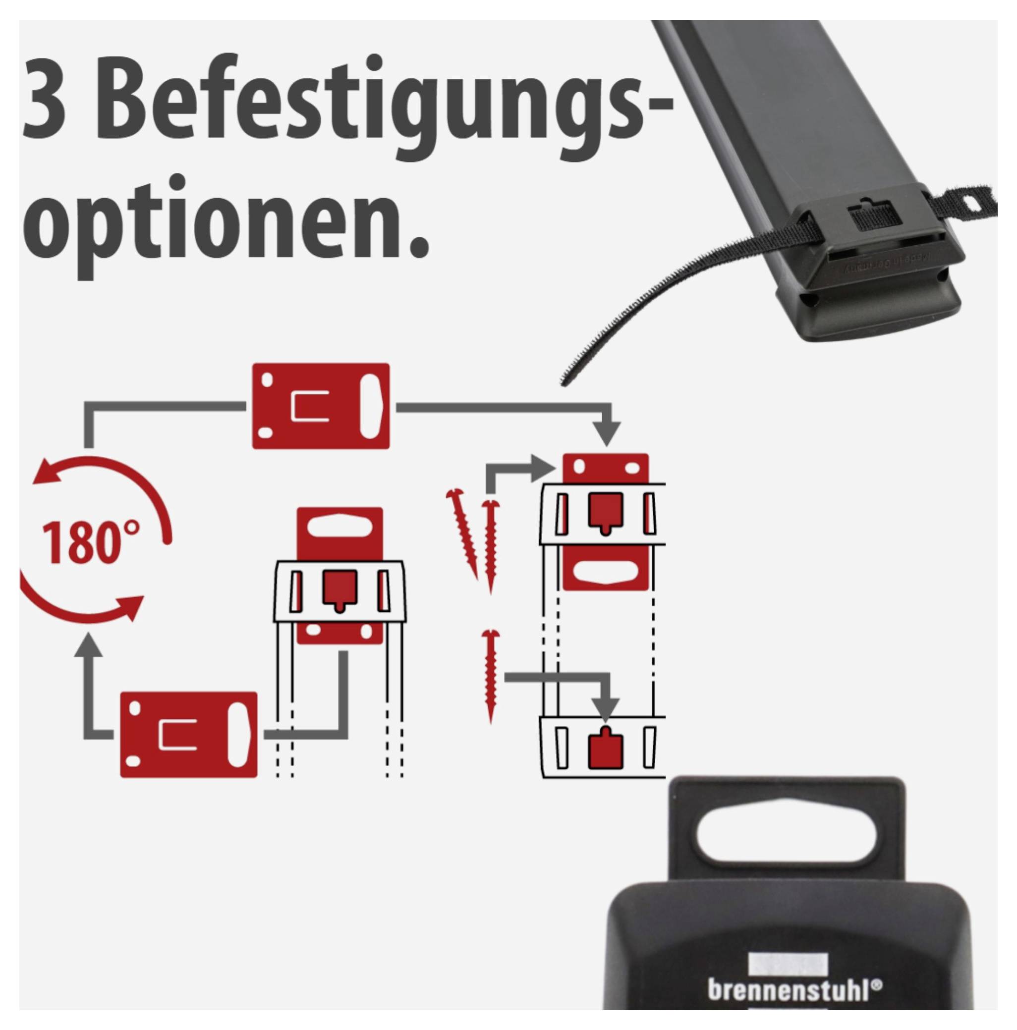 Infografik zu '3 Befestigungsoptionen' für ein Gerät; zeigt Montagevarianten mit 180°-Drehung und Befestigungslaschen an der Halterung.