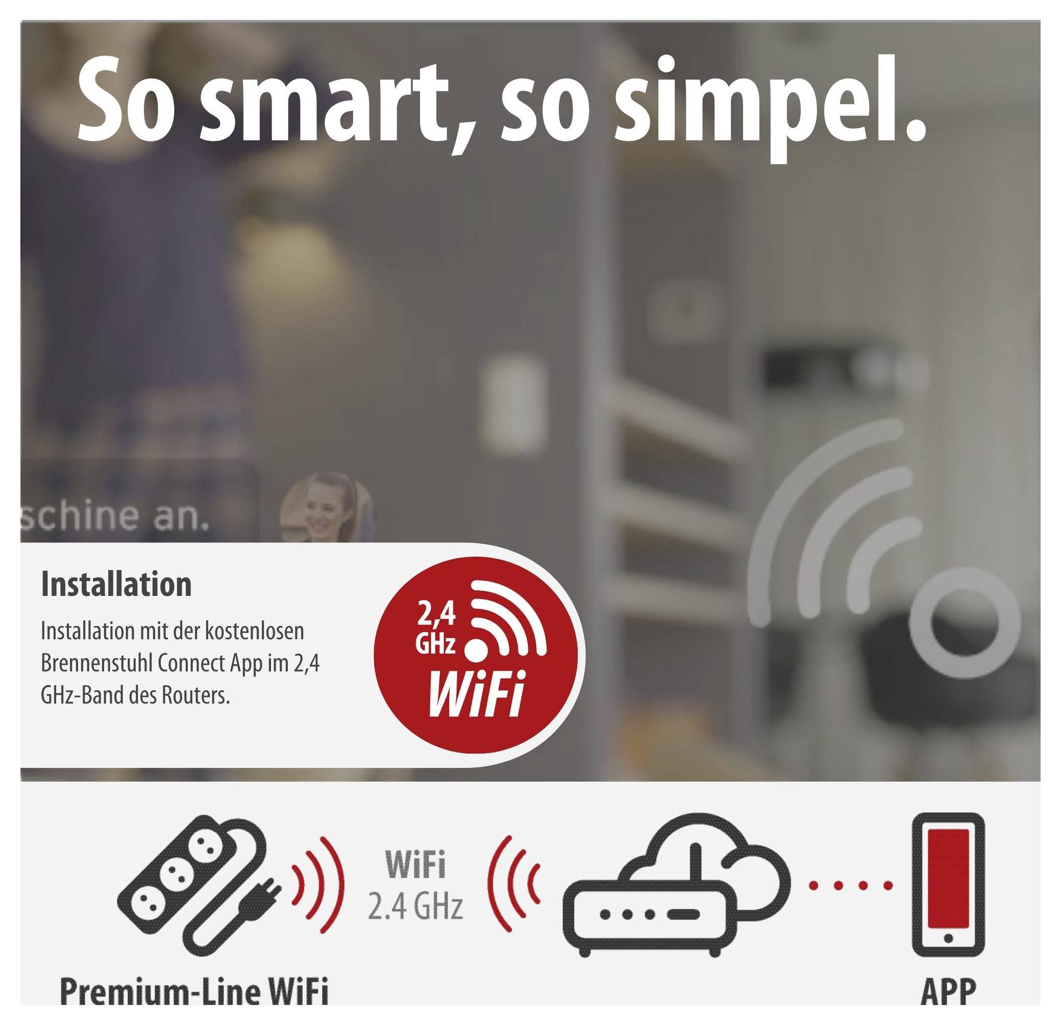 Werbegrafik mit dem Text 'So smart, so simpel.' und einer Erklärung zur Installation per 'Brennenstuhl Connect App' für 2,4-GHz-WiFi; unten Symbole für Steckdosenleiste, Router und App.