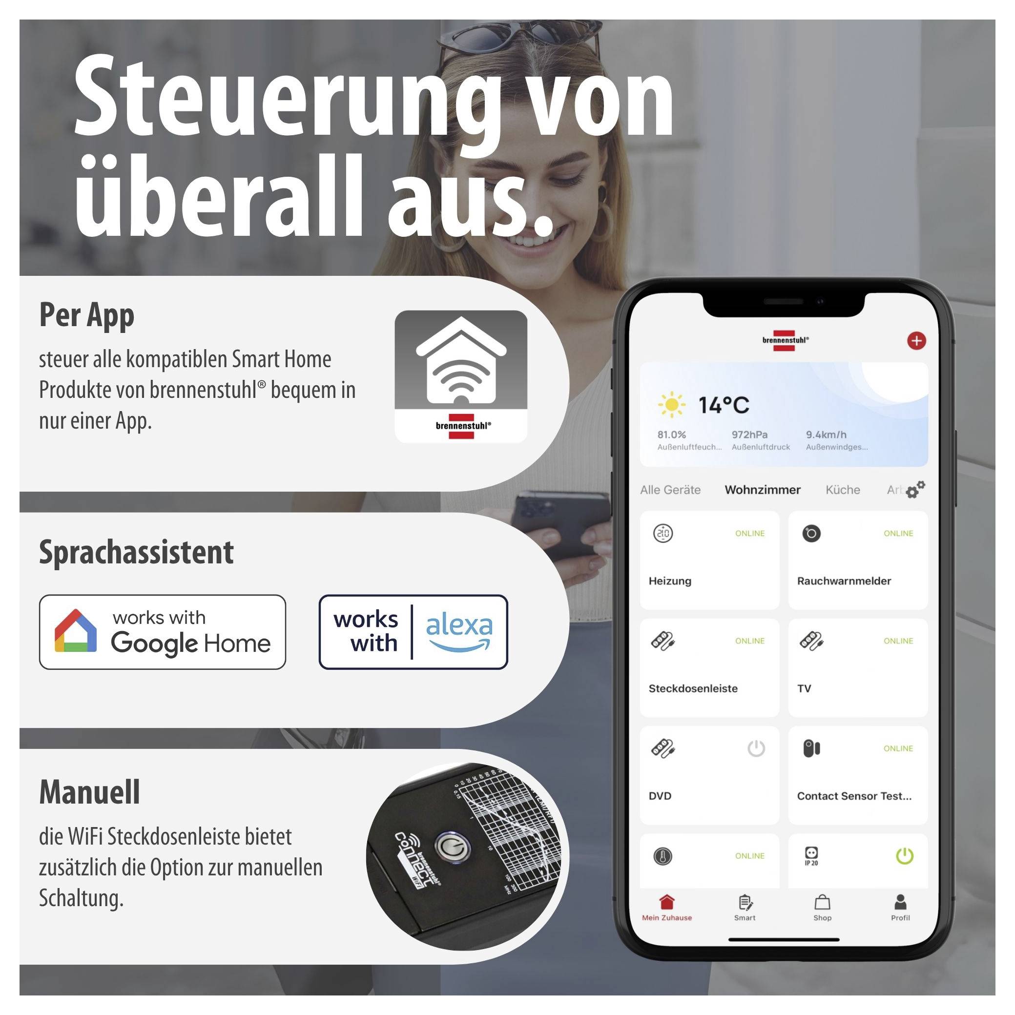 Werbung für Smart-Home-Steuerung per App, Sprachassistent und manuell; Smartphone zeigt App mit Heizungs-, Rauchmelder- und Steckdosensteuerung.