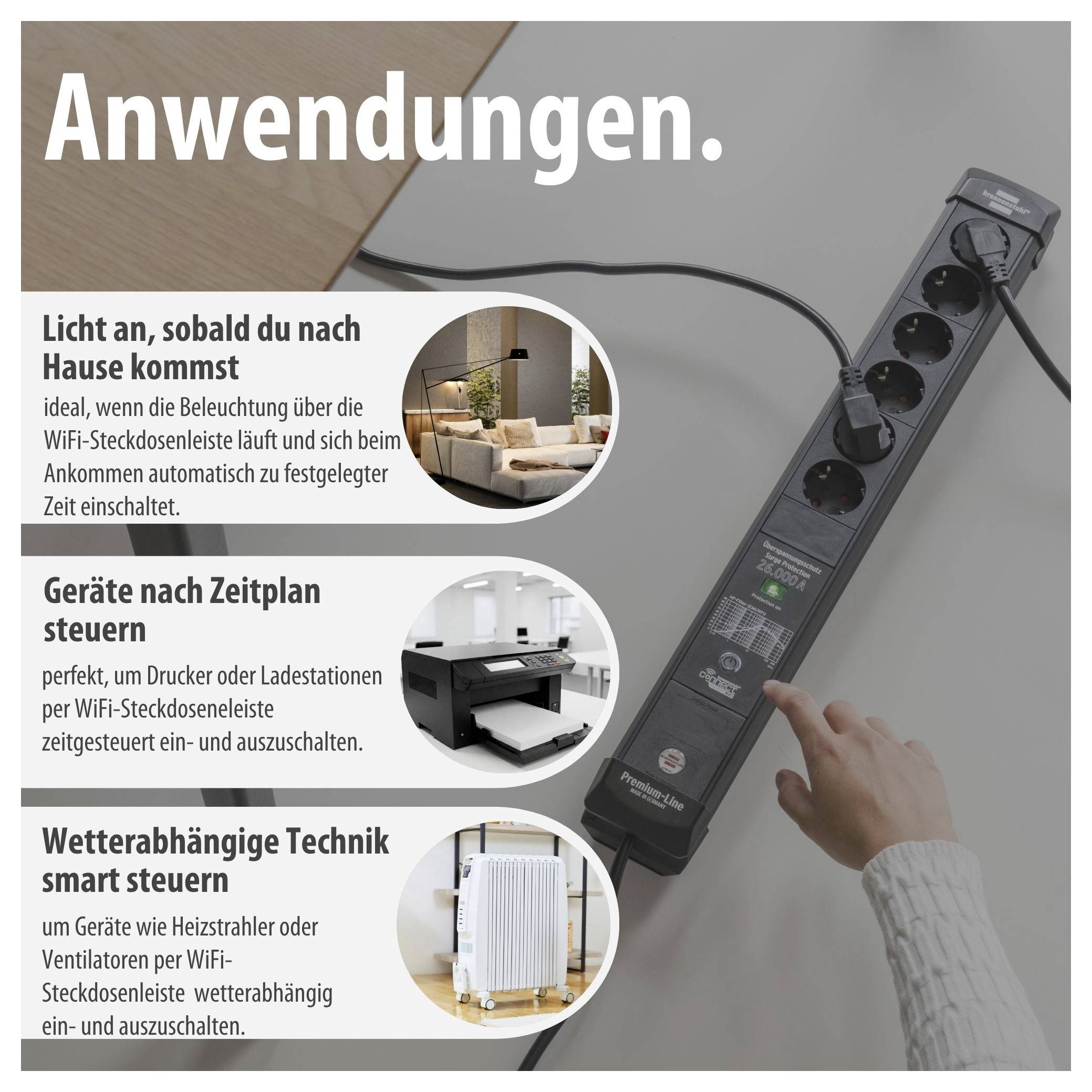 Infografik 'Anwendungen.' einer WiFi-Steckdosenleiste: Licht per Heimkehr, Geräte nach Zeitplan und wetterabhängige Technik automatisch steuern.