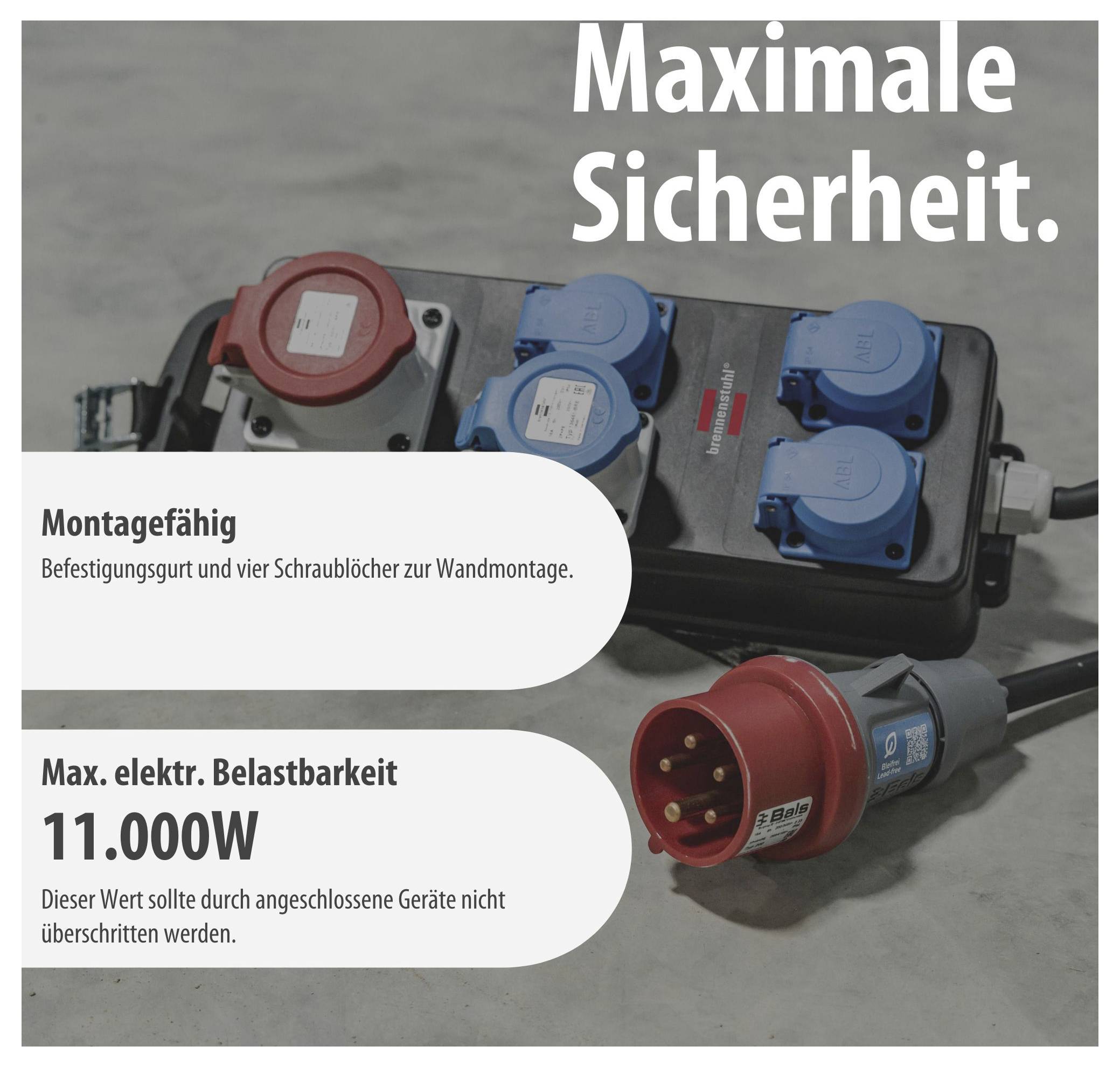 Steckdosenverteilung mit rotem CEE-Stecker und mehreren blauen Anschlüssen; Text: 'Maximale Sicherheit', montagefähig, max. elektrische Belastbarkeit 11.000 W.