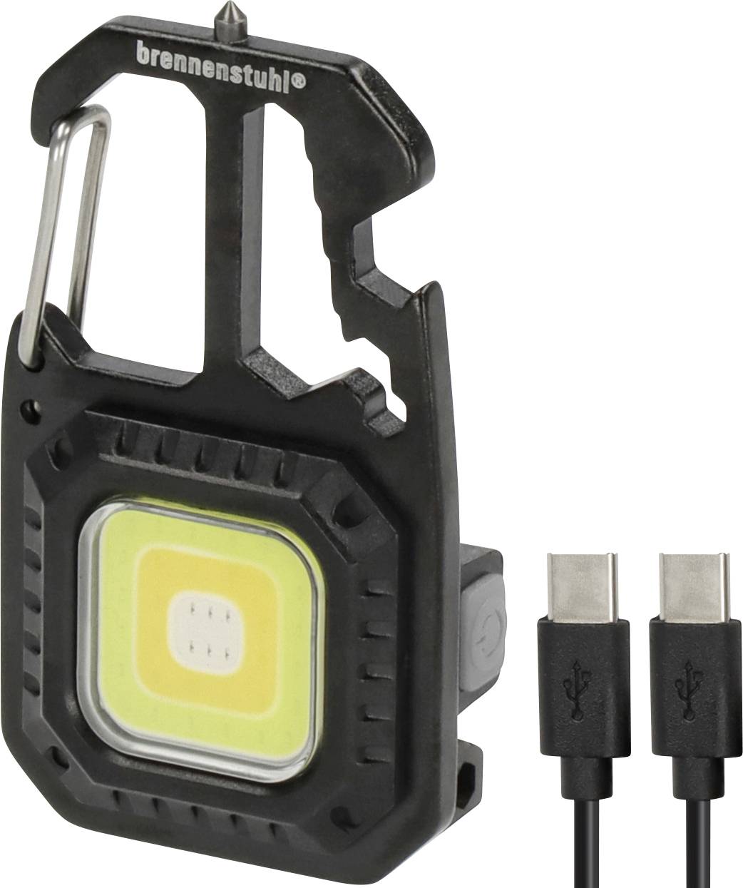 Tragbare schwarze Brennenstuhl LED-Arbeitsleuchte mit Karabinerverschluss und zwei angeschlossenen USB-Kabeln.