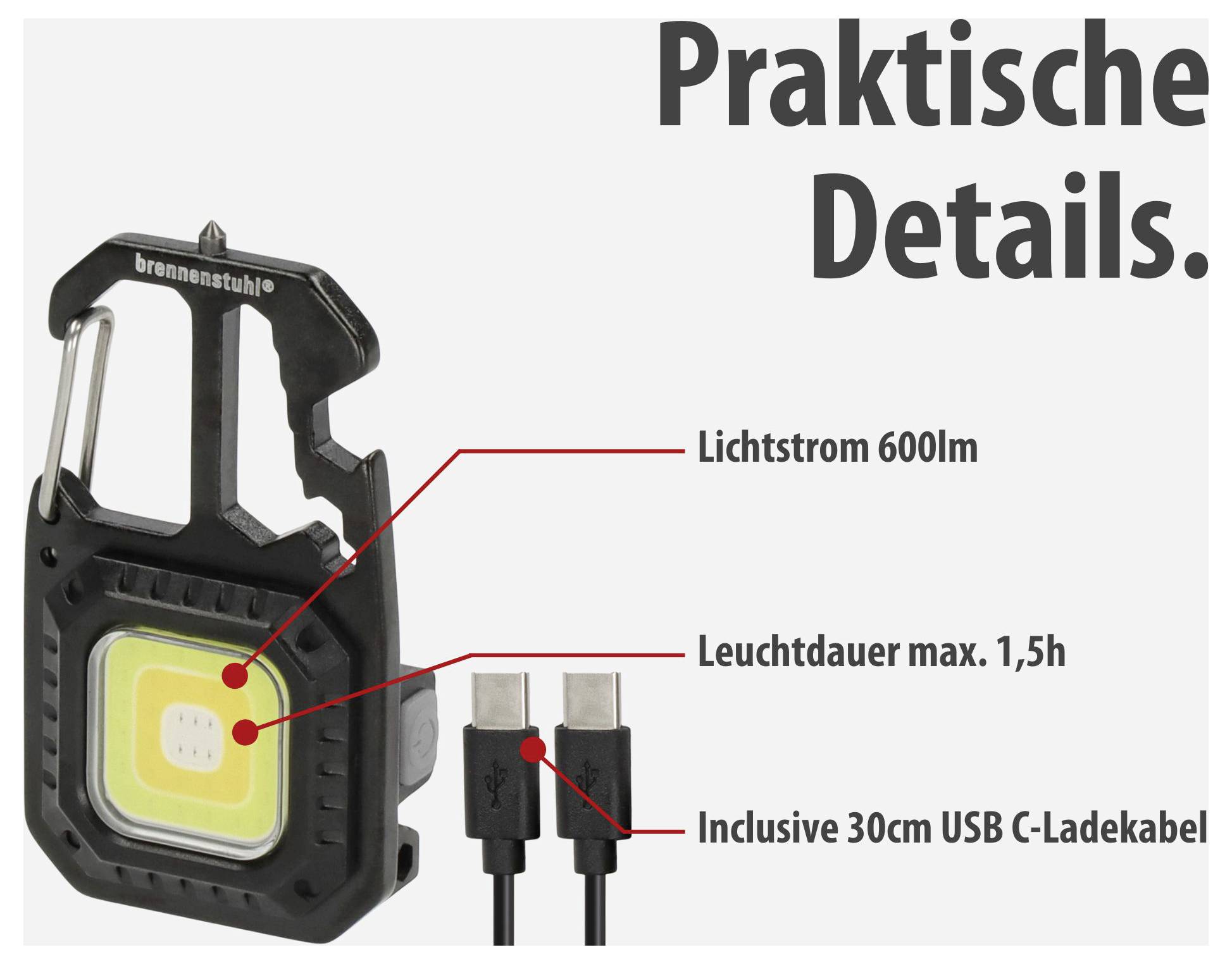 Werbung für eine wiederaufladbare Arbeitsleuchte von Brennenstuhl mit 'Praktische Details': 600 lm Lichtstrom, max. 1,5 h Leuchtdauer, inkl. 30 cm USB-C-Ladekabel.