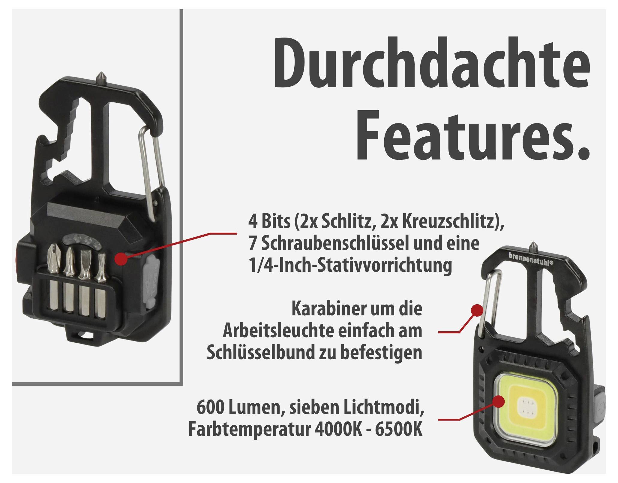 Werbegrafik für eine Arbeitsleuchte mit Karabiner und Zubehör: 4 Bits, 7 Schraubenschlüssel, 1/4-Zoll-Halterung, 600 Lumen, 4000K–6500K.