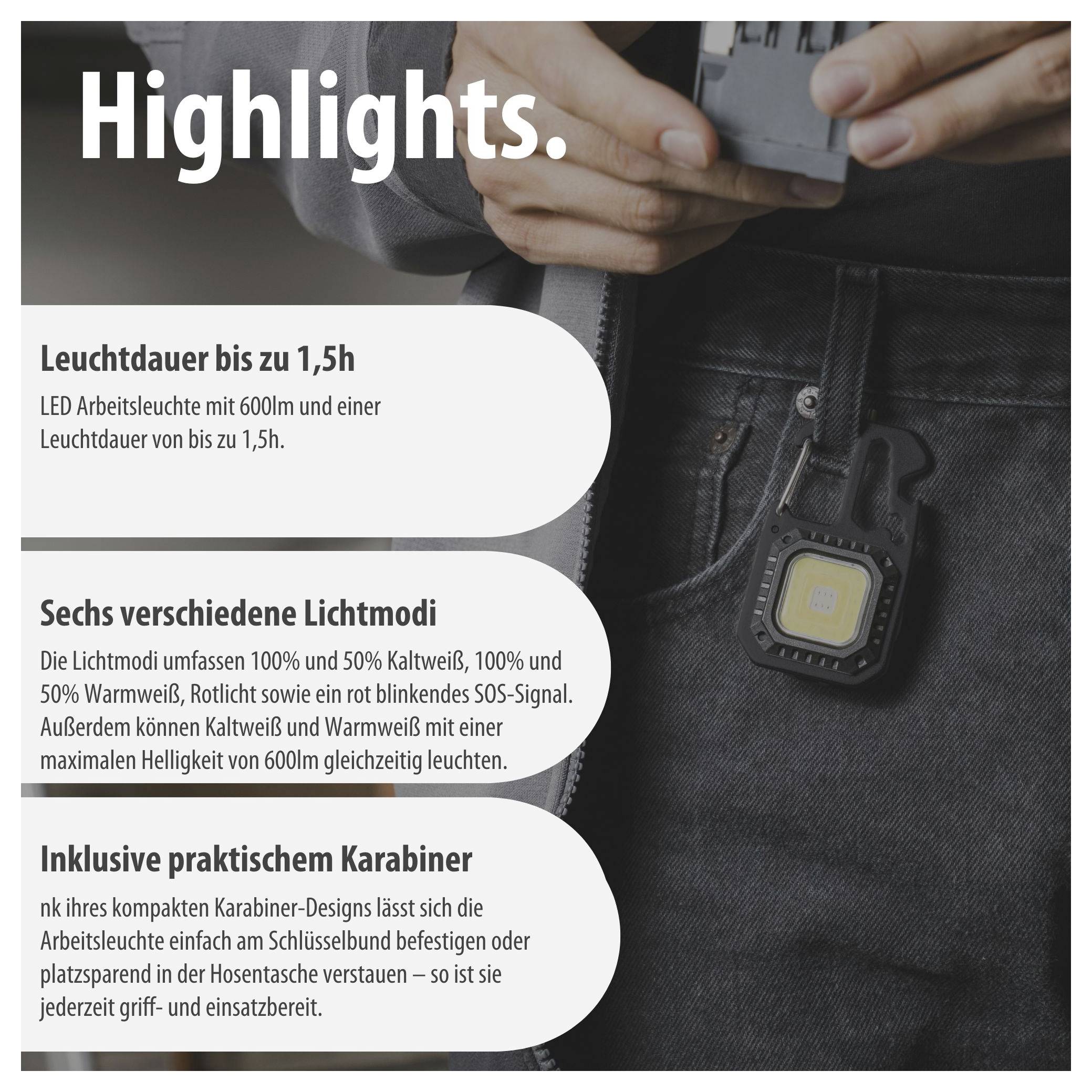 Werbegrafik einer LED-Arbeitsleuchte am Karabiner an einer Gürtelschlaufe; nennt 1,5 Stunden Leuchtdauer, sechs Lichtmodi und 600 lm.