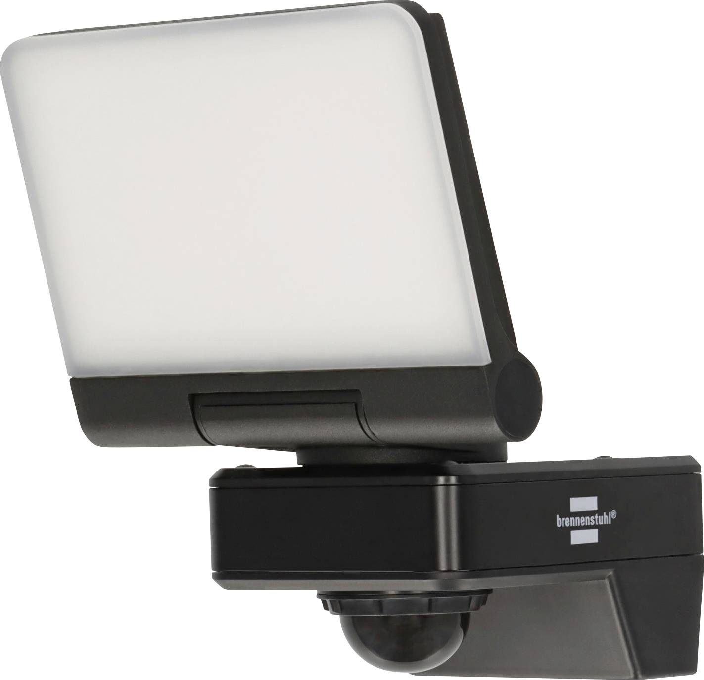 Eine schwarze LED-Flutlichtleuchte mit einer rechteckigen weißen Lichtplatte, montiert auf einem verstellbaren Halterung für gerichtete Beleuchtung.