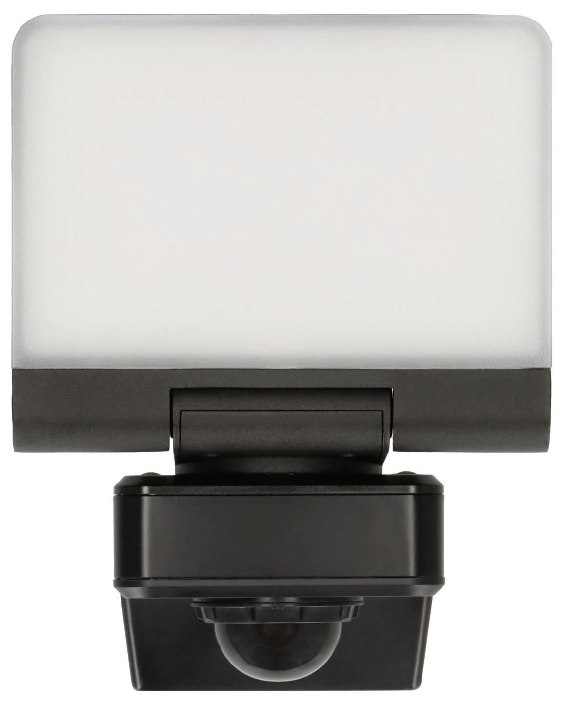 Ein Bewegungssensorlicht mit einem rechteckigen matten Deckel und verstellbarer Halterung. Ideal zur Verbesserung der Heimsicherheit und Sichtbarkeit bei Nacht.