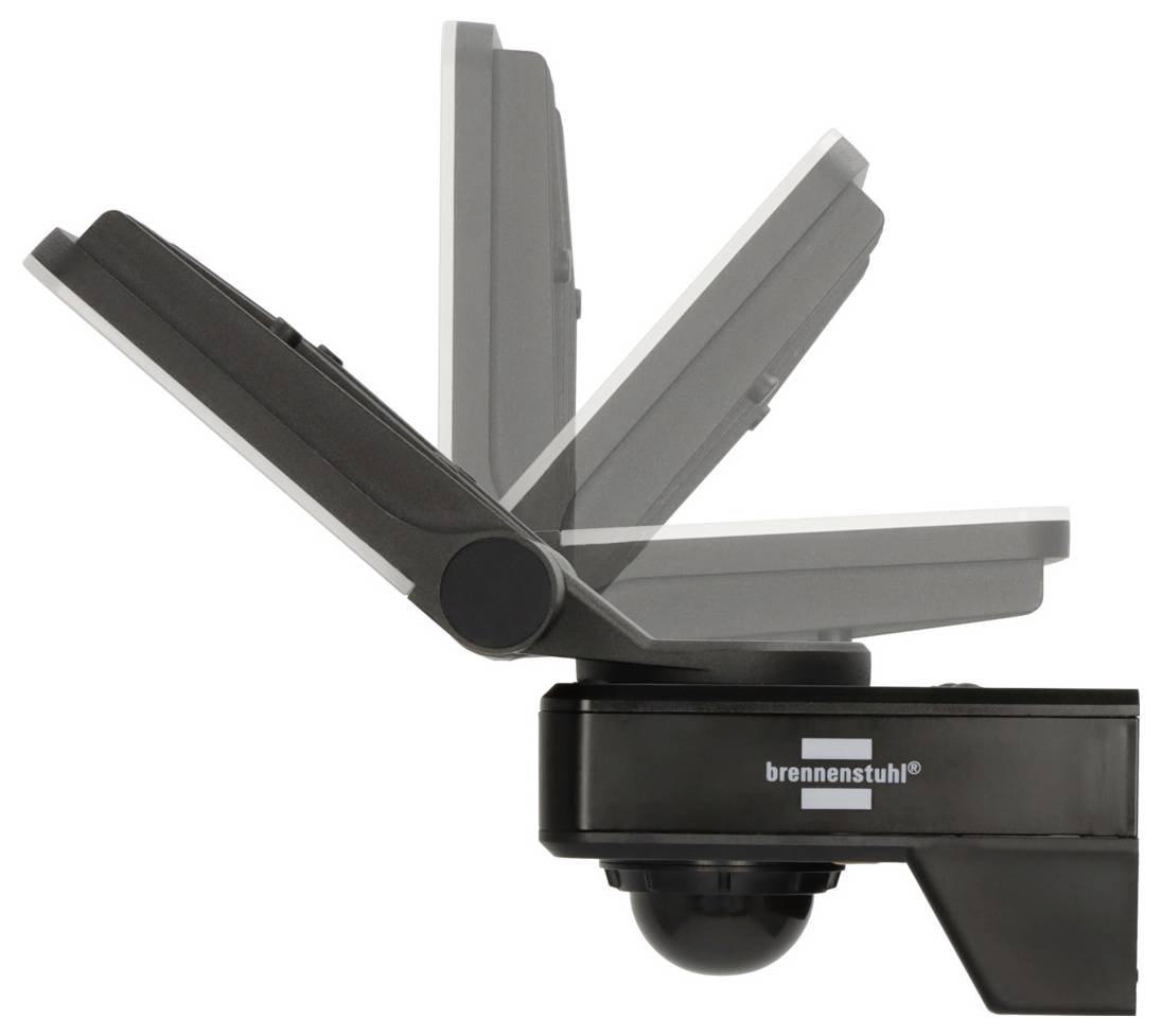 Ein Bewegungsmelder mit verstellbaren Winkeln, der verschiedene vertikale Bewegungspositionen in Grau und Schwarz zeigt. Markenname 'brennenstuhl' sichtbar.