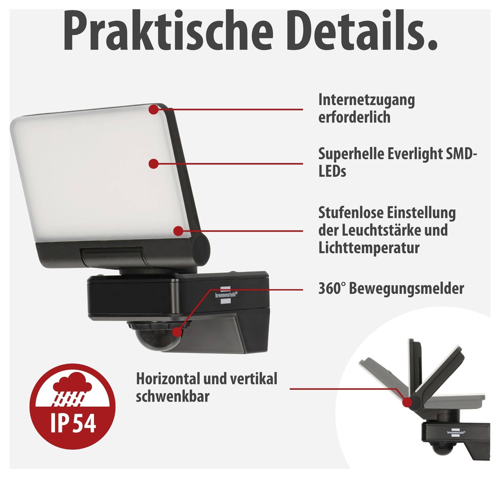 Infografik einer beweglichen Außenleuchte mit den Merkmalen: Internetzugang erforderlich, superhelle Everlight-SMD-LEDs, stufenlose Helligkeits- und Farbtemperaturregelung, 360°-Bewegungsmelder, horizontal und vertikal schwenkbar, IP54.