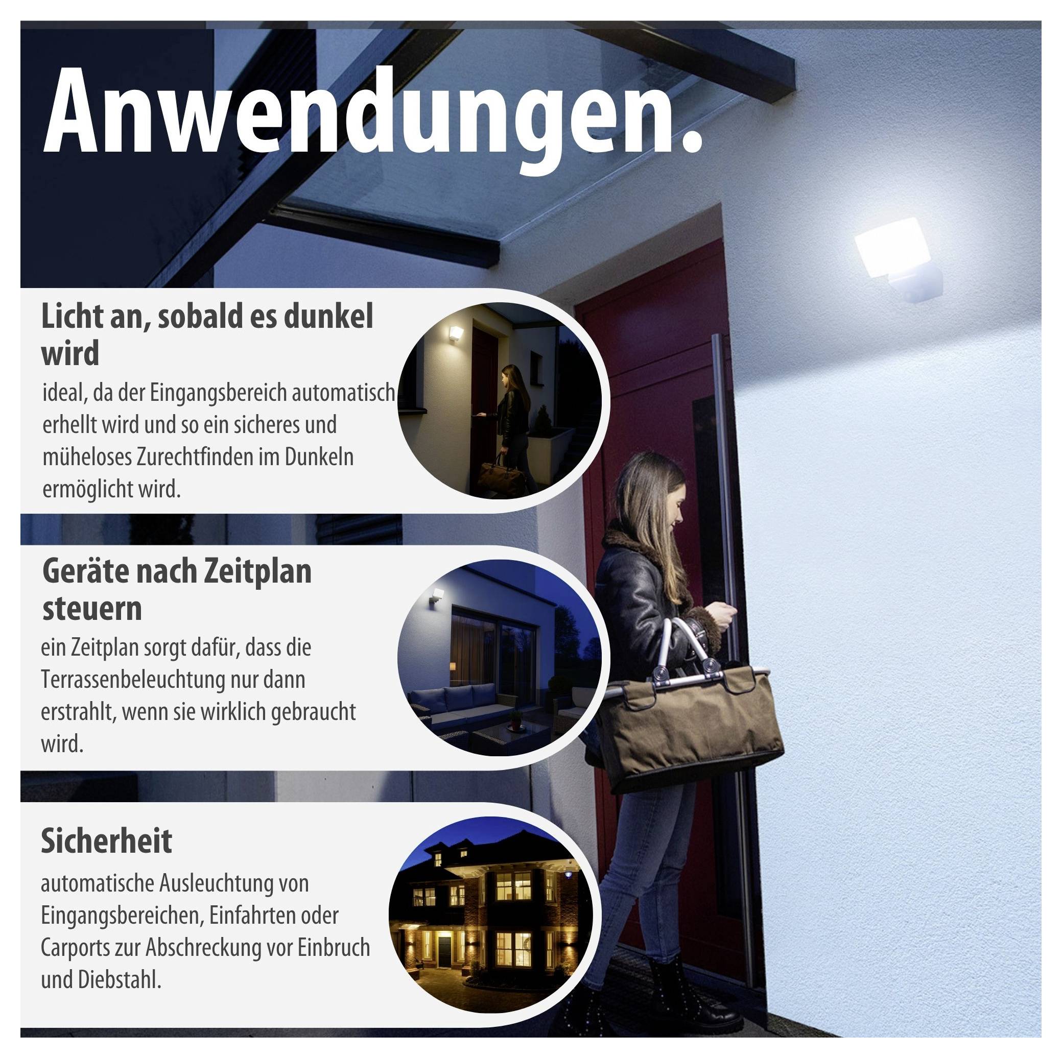 Werbeplakat 'Anwendungen' mit drei Einsatzbereichen von Beleuchtung: Licht bei Dunkelheit, zeitgesteuerte Geräte und Sicherheit; daneben eine Frau an der Haustür bei eingeschaltetem Außenlicht.