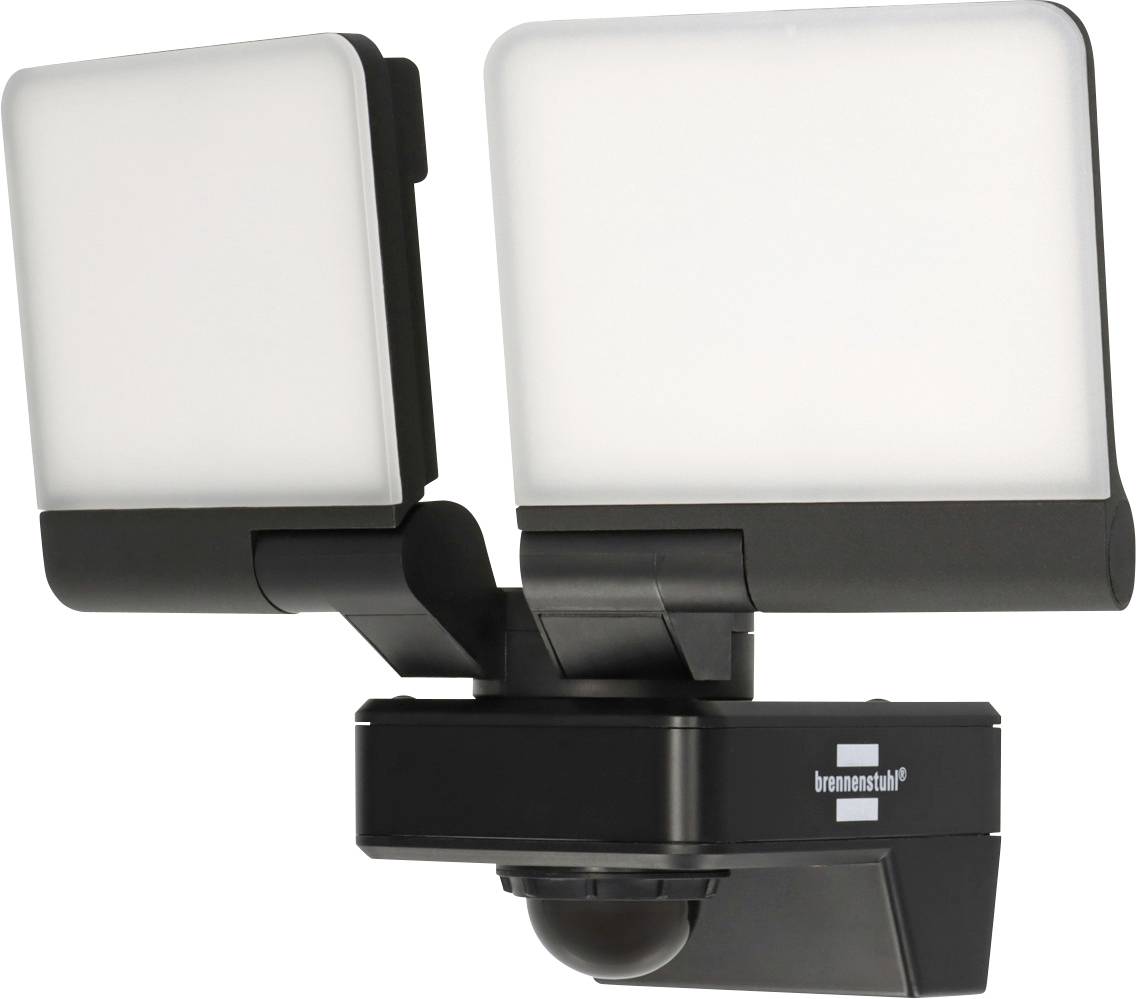 Ein bewegungsaktivierter, zweiflügeliger LED-Außensicherheitsscheinwerfer mit elegantem schwarzem Design und 'brennenstuhl'-Branding auf der Basis.