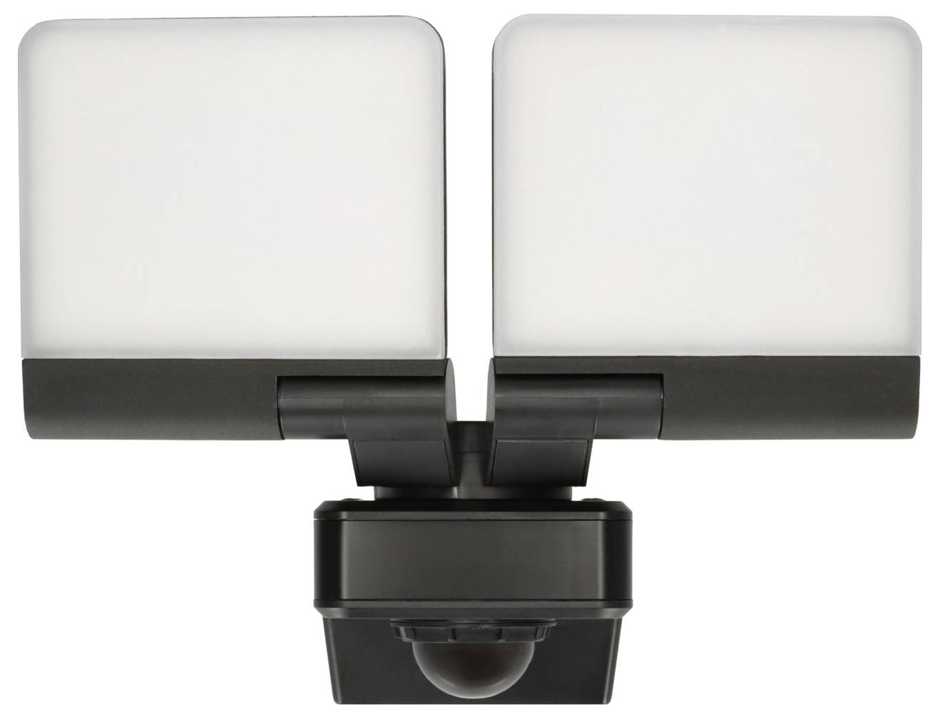 Outdoor-Bewegungsmelder-Sicherheitslicht mit zwei rechteckigen LED-Panels in schwarzem Gehäuse.