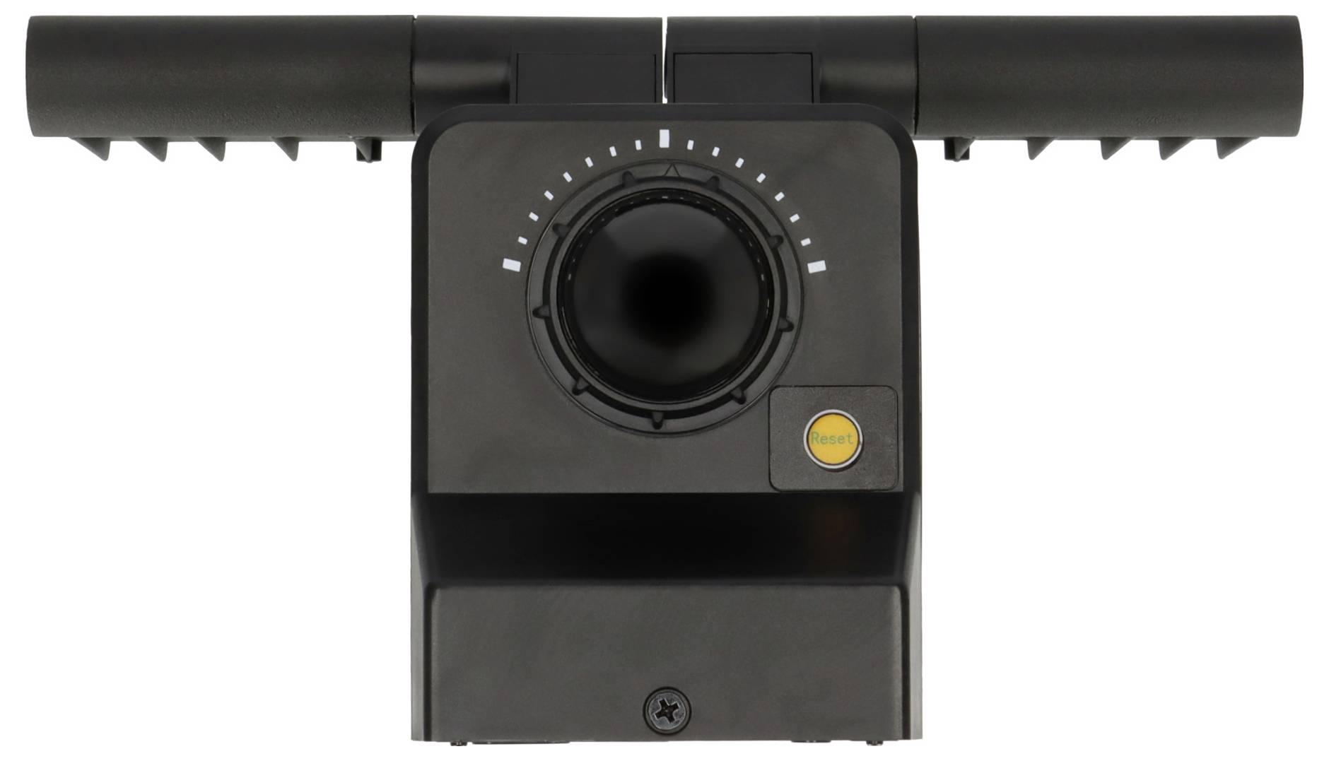 Ein schwarzes Gerät mit zwei Antennen, die sich horizontal erstrecken. Es verfügt über einen zentralen Drehknopf und eine Taste mit der Aufschrift 