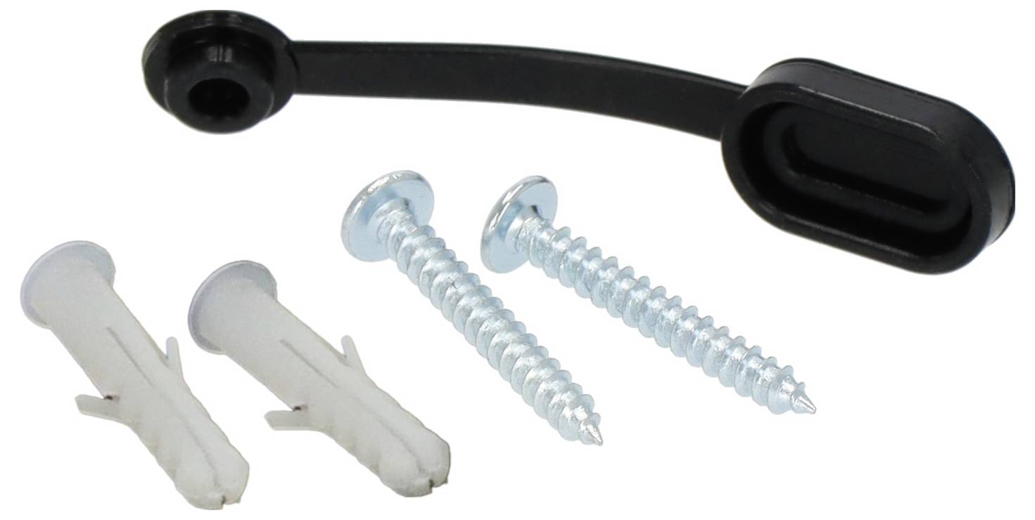 Schwarzer Kunststoff-Wandhaken mit zwei weißen Dübeln und zwei Metallschrauben.