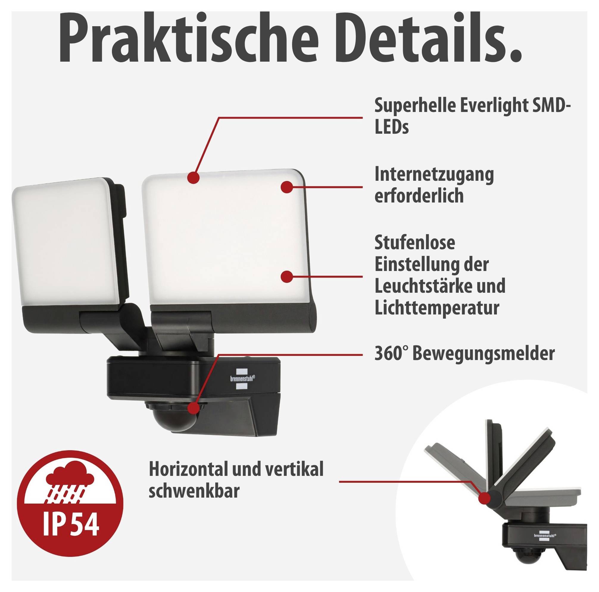 Werbegrafik einer Außenleuchte mit Bewegungsmelder: Superhelle SMD-LEDs, Internetzugang nötig, stufenlose Helligkeits- und Lichttemperaturregelung, 360°-Bewegungsmelder, horizontal und vertikal schwenkbar, IP54.