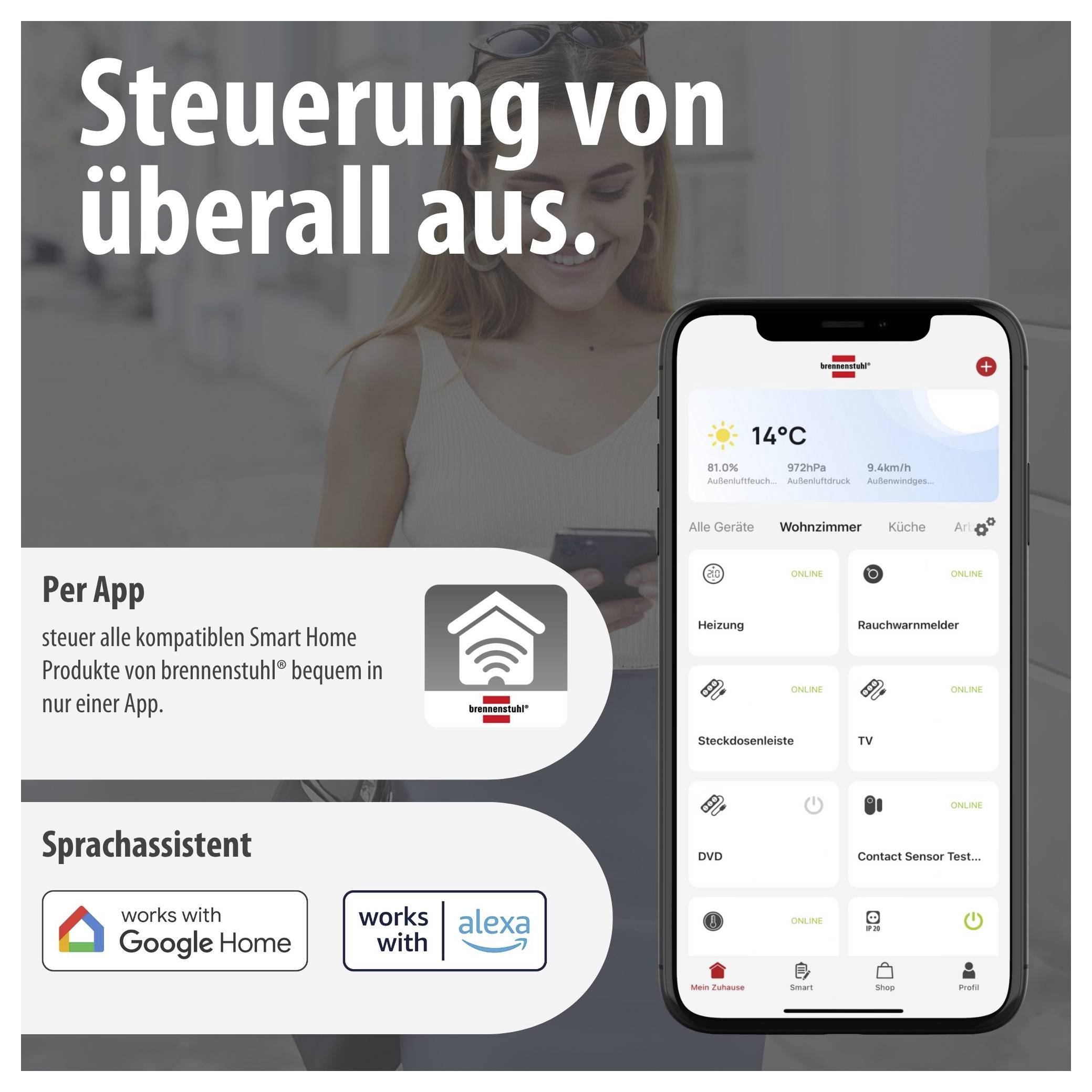 Werbeplakat für Smart-Home-Steuerung per App und Sprachassistenten; Smartphone zeigt Heizungs-, Licht- und Gerätebedienung.