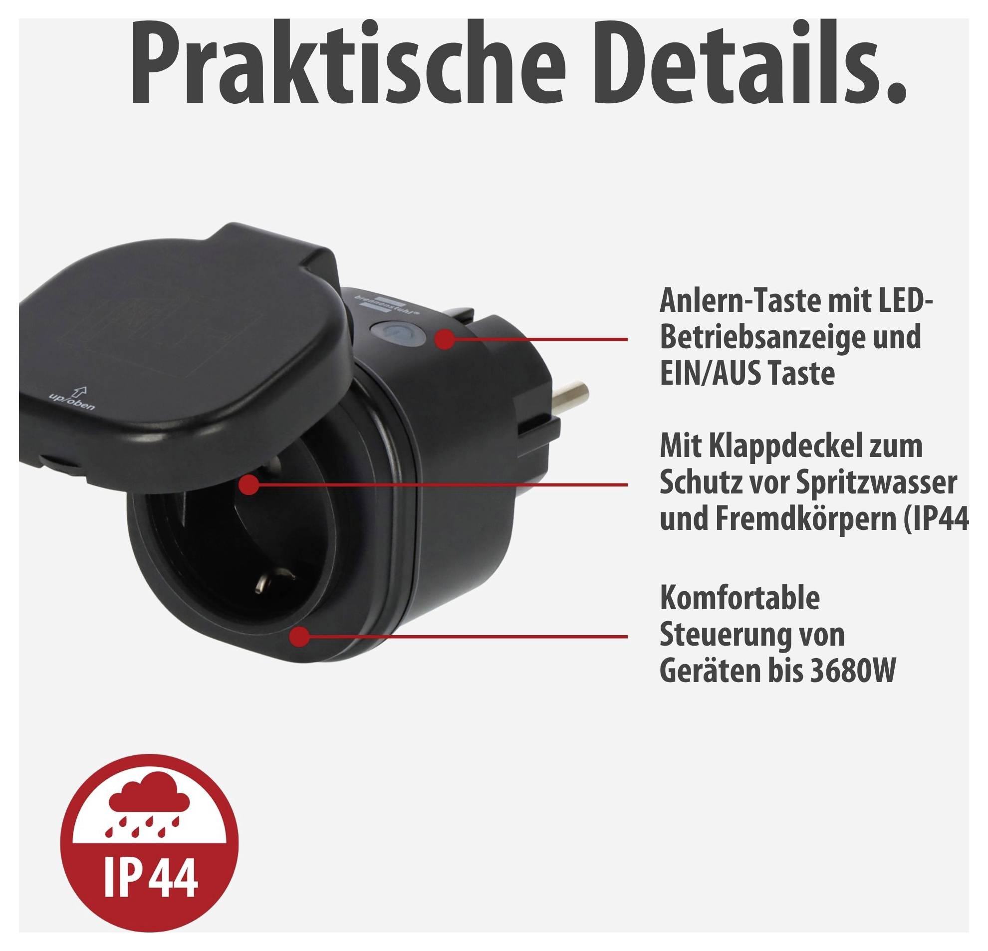 Schwarzer IP44-Adapter mit Klappdeckel und Ein/Aus-Taste; Anlern-Taste mit LED, geeignet zur Steuerung von Geräten bis 3680 W.