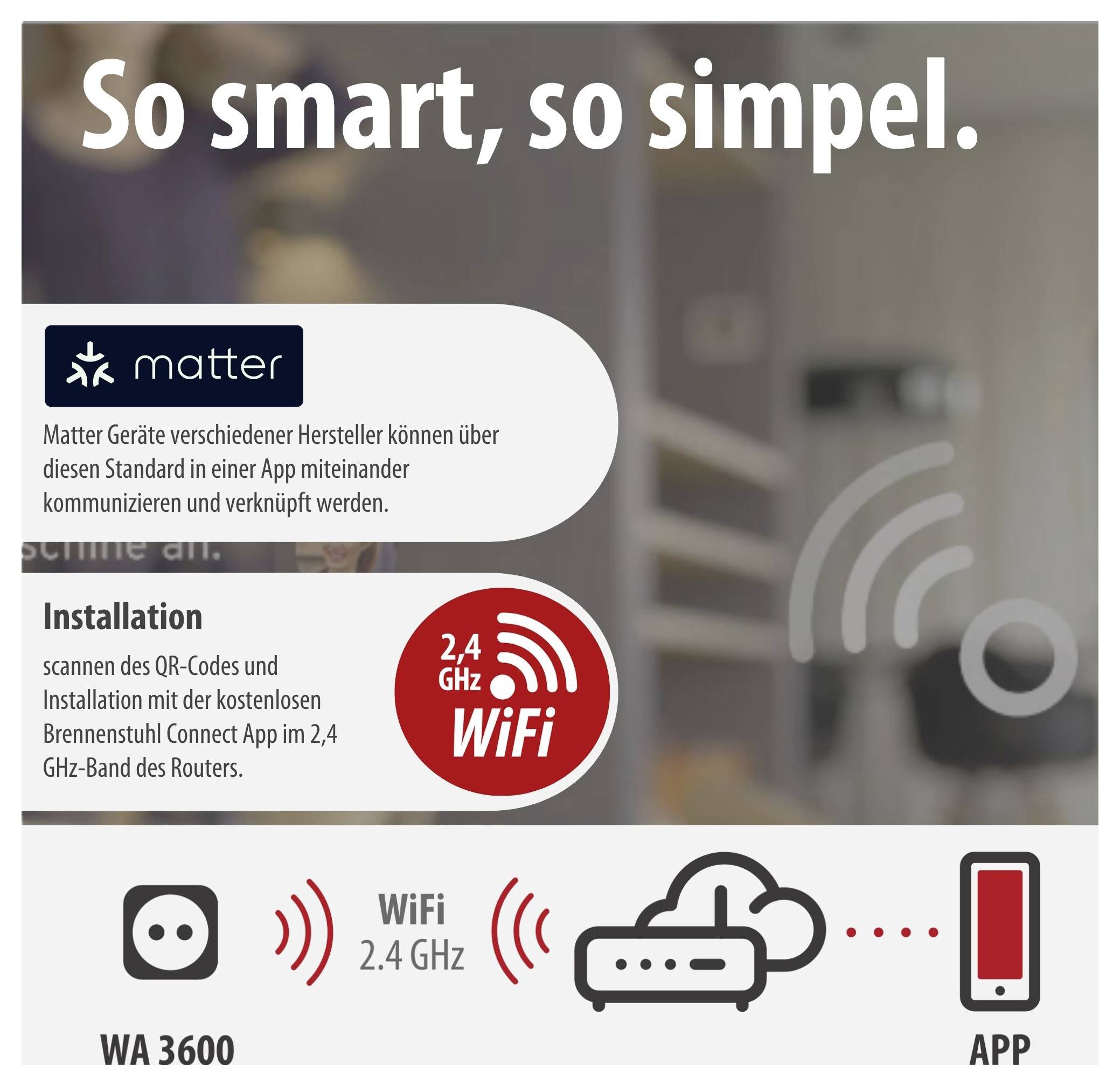 Werbegrafik zu Matter und WiFi 2,4 GHz: Hinweis auf einfache Einrichtung per QR-Code und App-Verknüpfung für ein Brennenstuhl-Connect-Gerät WA 3600.