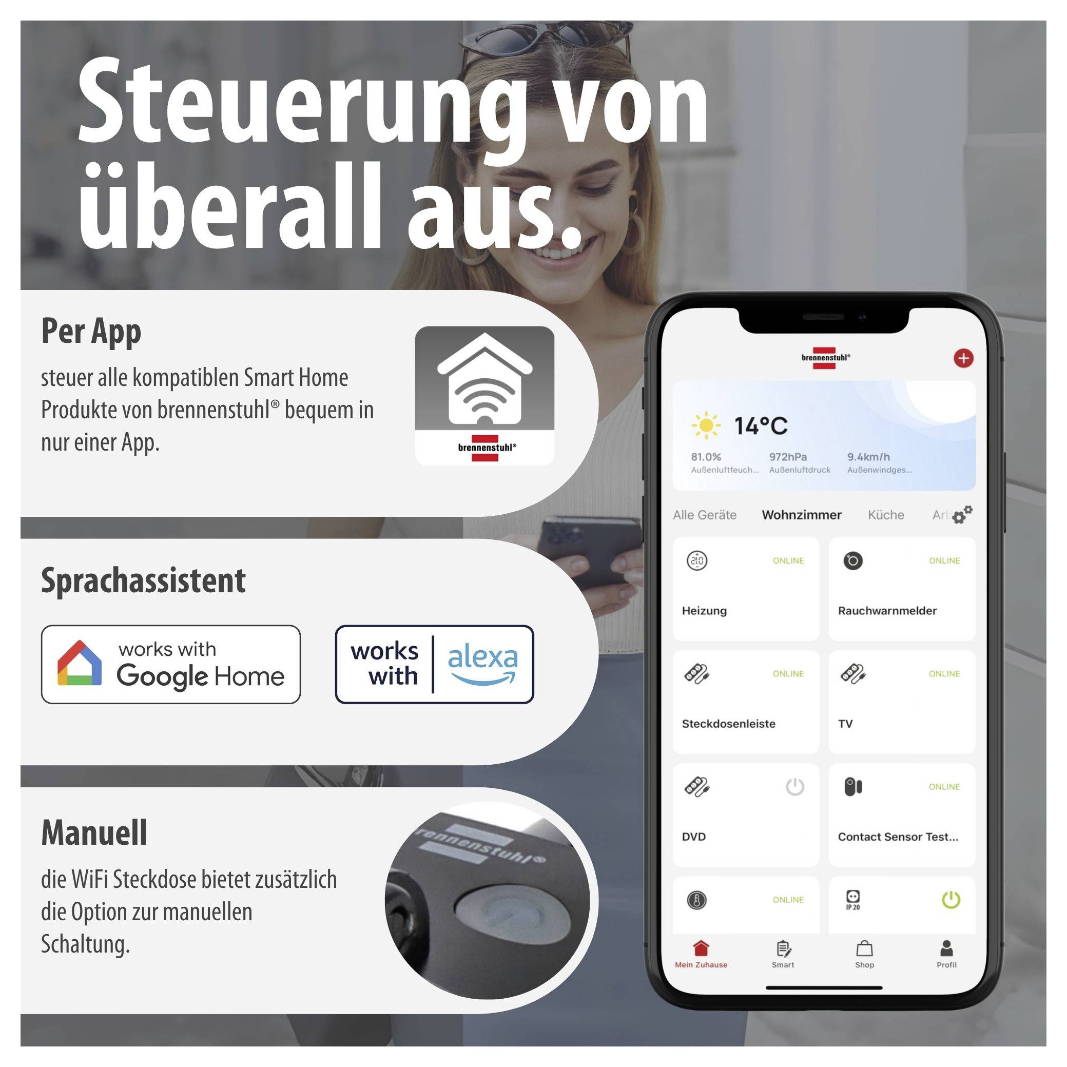 Werbegrafik für Smart-Home-Steuerung per App, Sprachassistent oder manuell; zeigt eine Smartphone-App und Kompatibilität mit Google Home und Alexa.